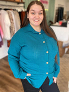 Shop Blue Spruce Button-Down Shirt-Button-Down Top at Ruby Joy Boutique, a Women's Clothing Store in Pickerington, Ohio