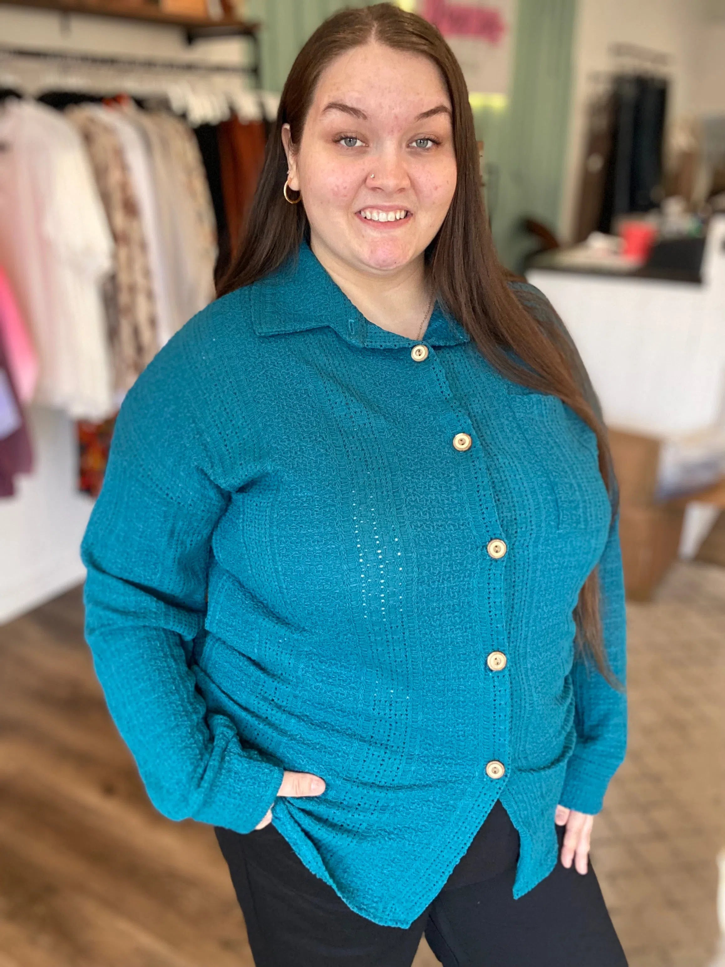 Shop Blue Spruce Button-Down Shirt-Shirts & Tops at Ruby Joy Boutique, a Women's Clothing Store in Pickerington, Ohio