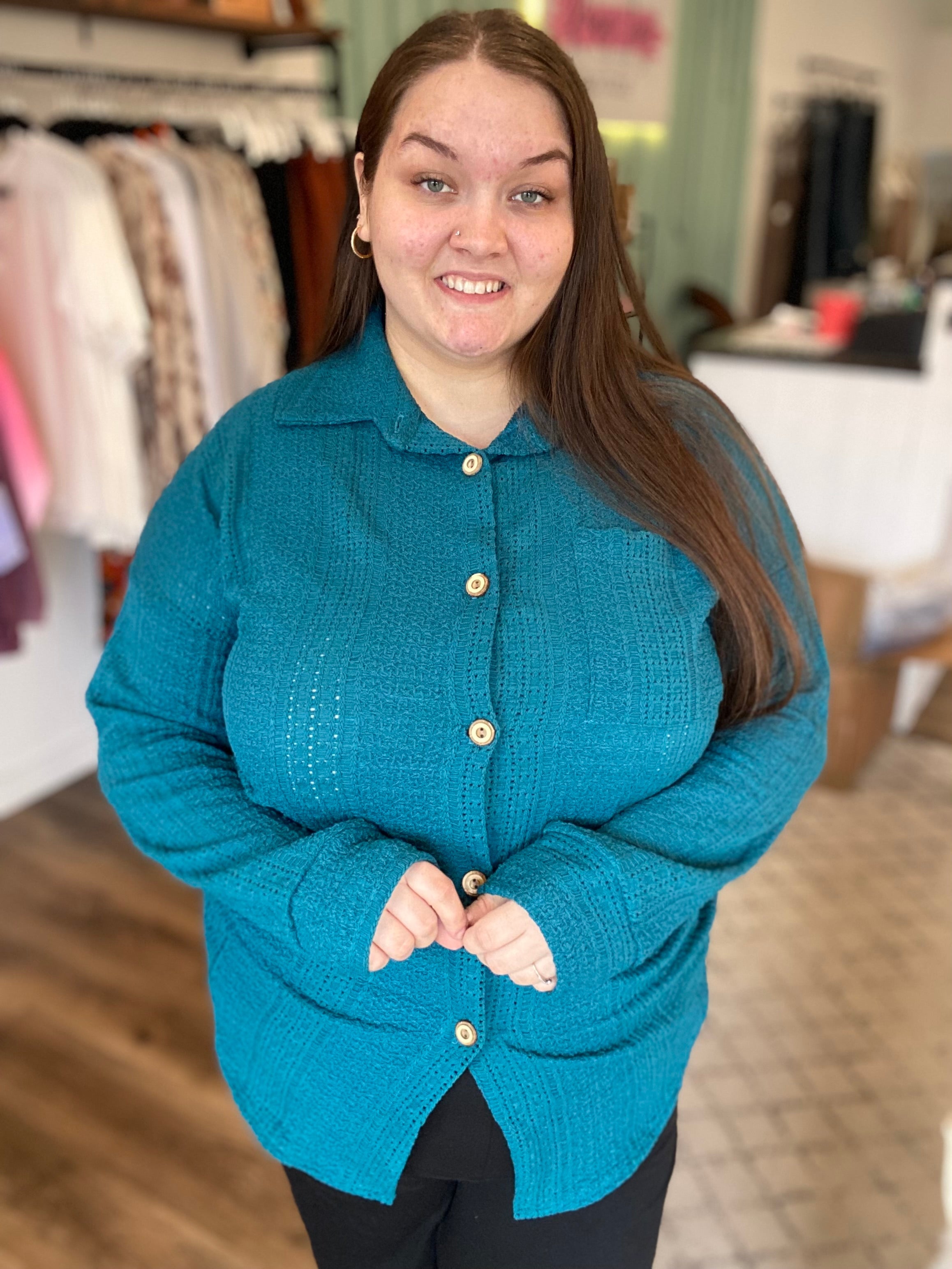 Shop Blue Spruce Button-Down Shirt-Button-Down Top at Ruby Joy Boutique, a Women's Clothing Store in Pickerington, Ohio