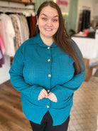 Shop Blue Spruce Button-Down Shirt-Shirts & Tops at Ruby Joy Boutique, a Women's Clothing Store in Pickerington, Ohio