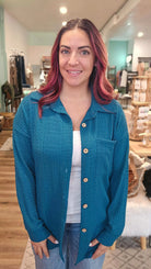 Shop Blue Spruce Button-Down Shirt-Button-Down Top at Ruby Joy Boutique, a Women's Clothing Store in Pickerington, Ohio