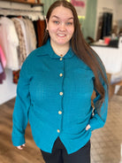 Shop Blue Spruce Button-Down Shirt-Button-Down Top at Ruby Joy Boutique, a Women's Clothing Store in Pickerington, Ohio