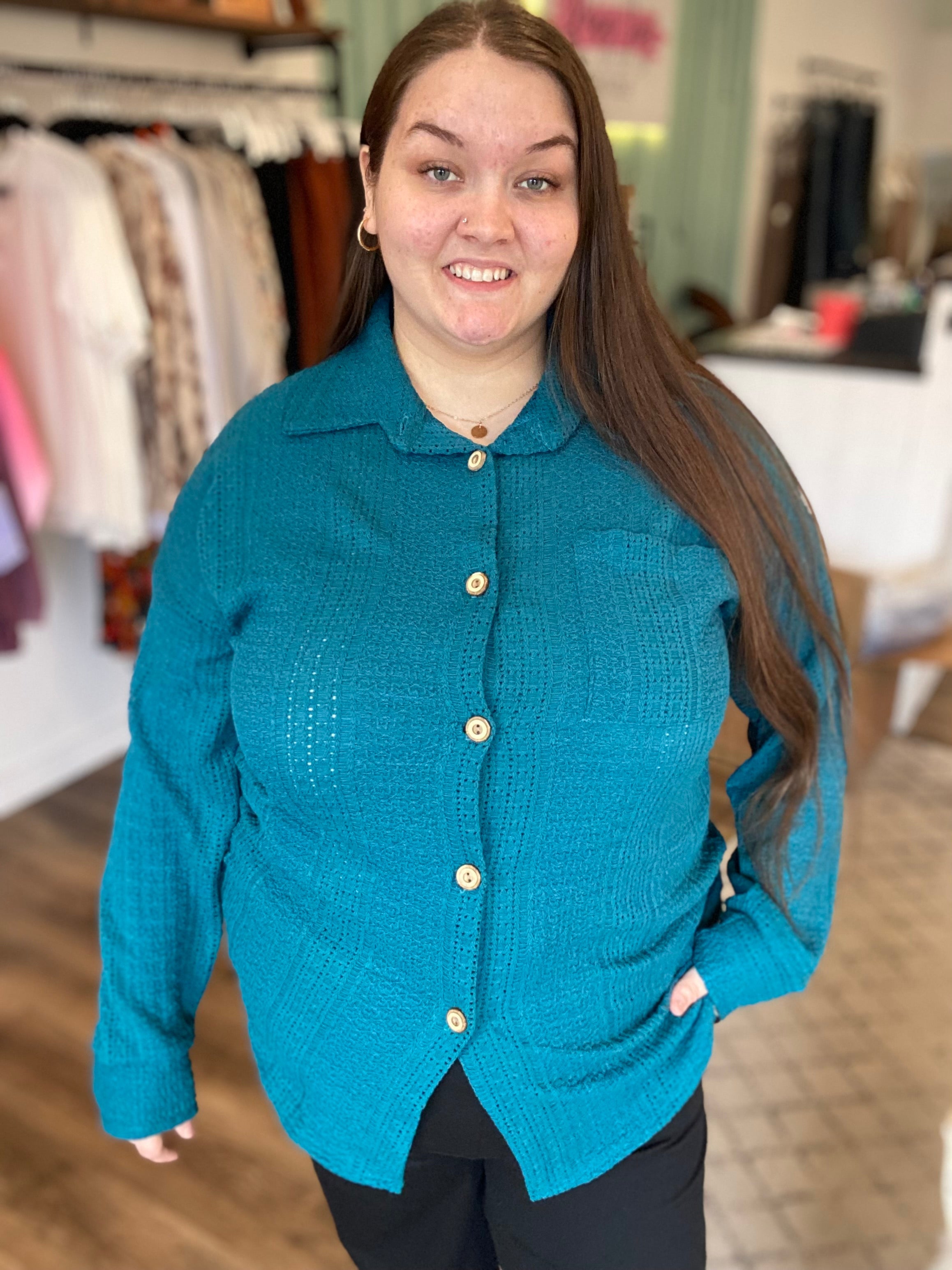 Shop Blue Spruce Button-Down Shirt-Shirts & Tops at Ruby Joy Boutique, a Women's Clothing Store in Pickerington, Ohio