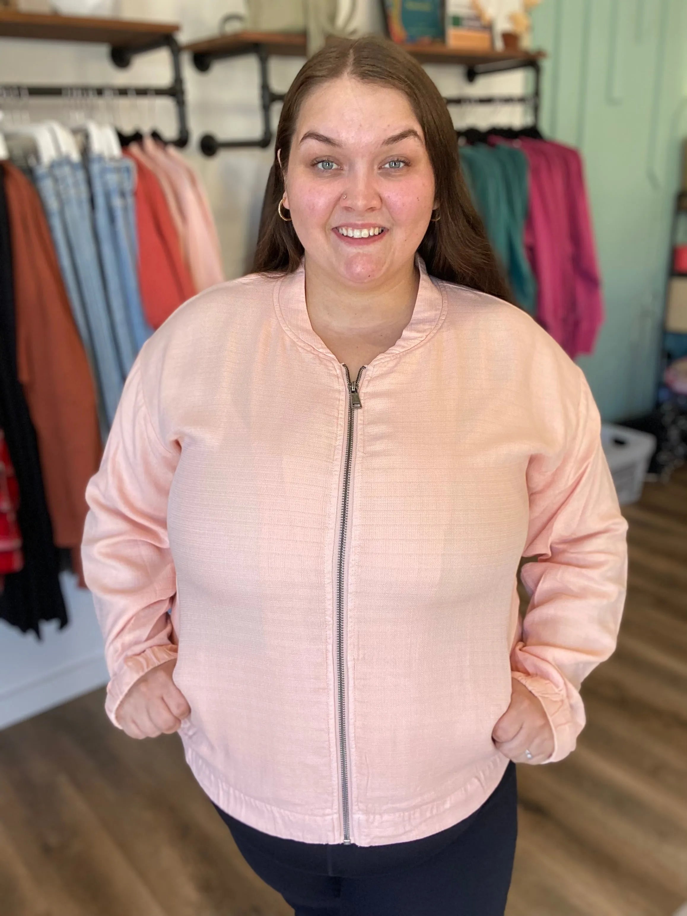 Shop Blush Baseball Jacket- at Ruby Joy Boutique, a Women's Clothing Store in Pickerington, Ohio