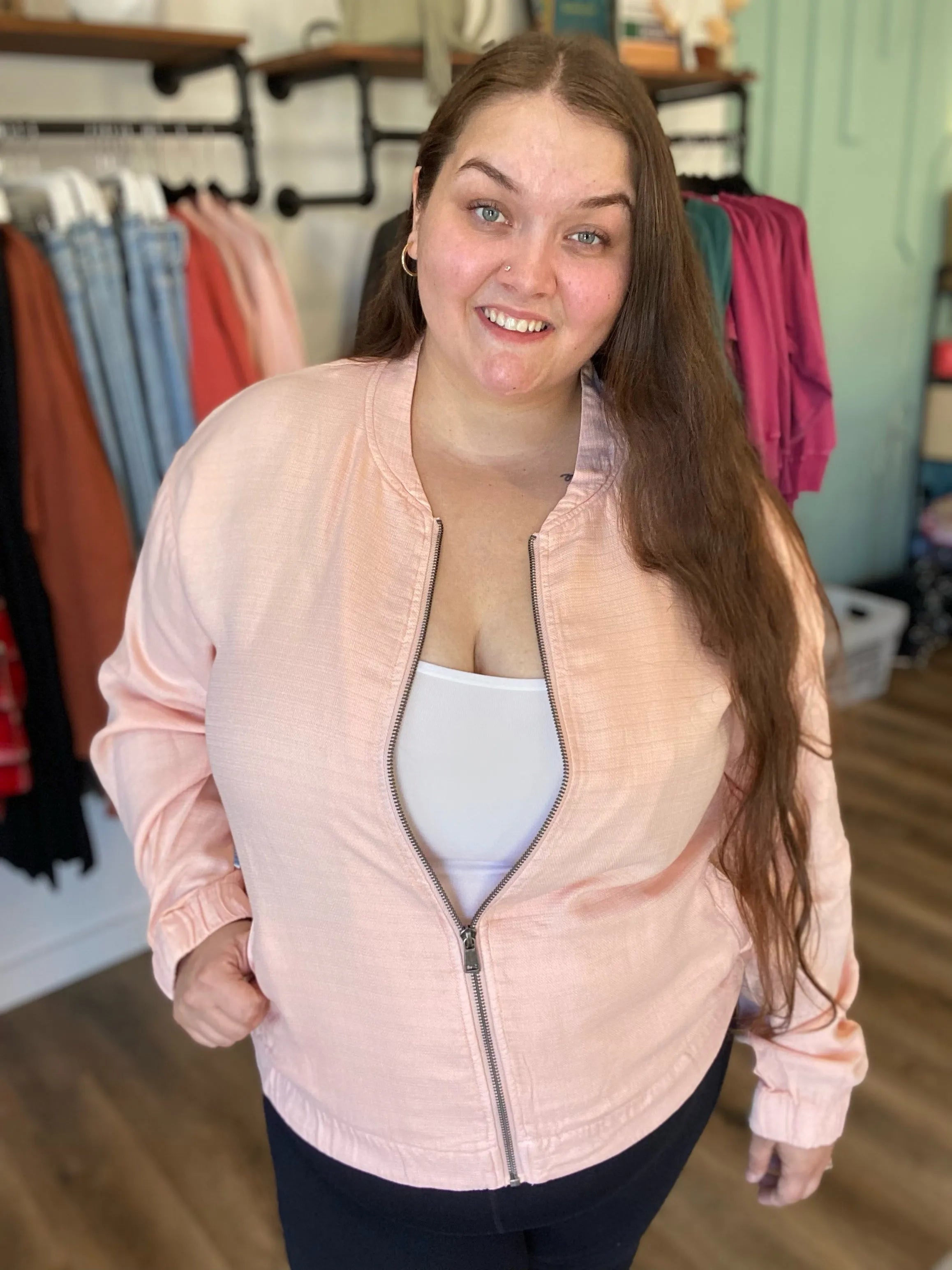 Shop Blush Baseball Jacket- at Ruby Joy Boutique, a Women's Clothing Store in Pickerington, Ohio