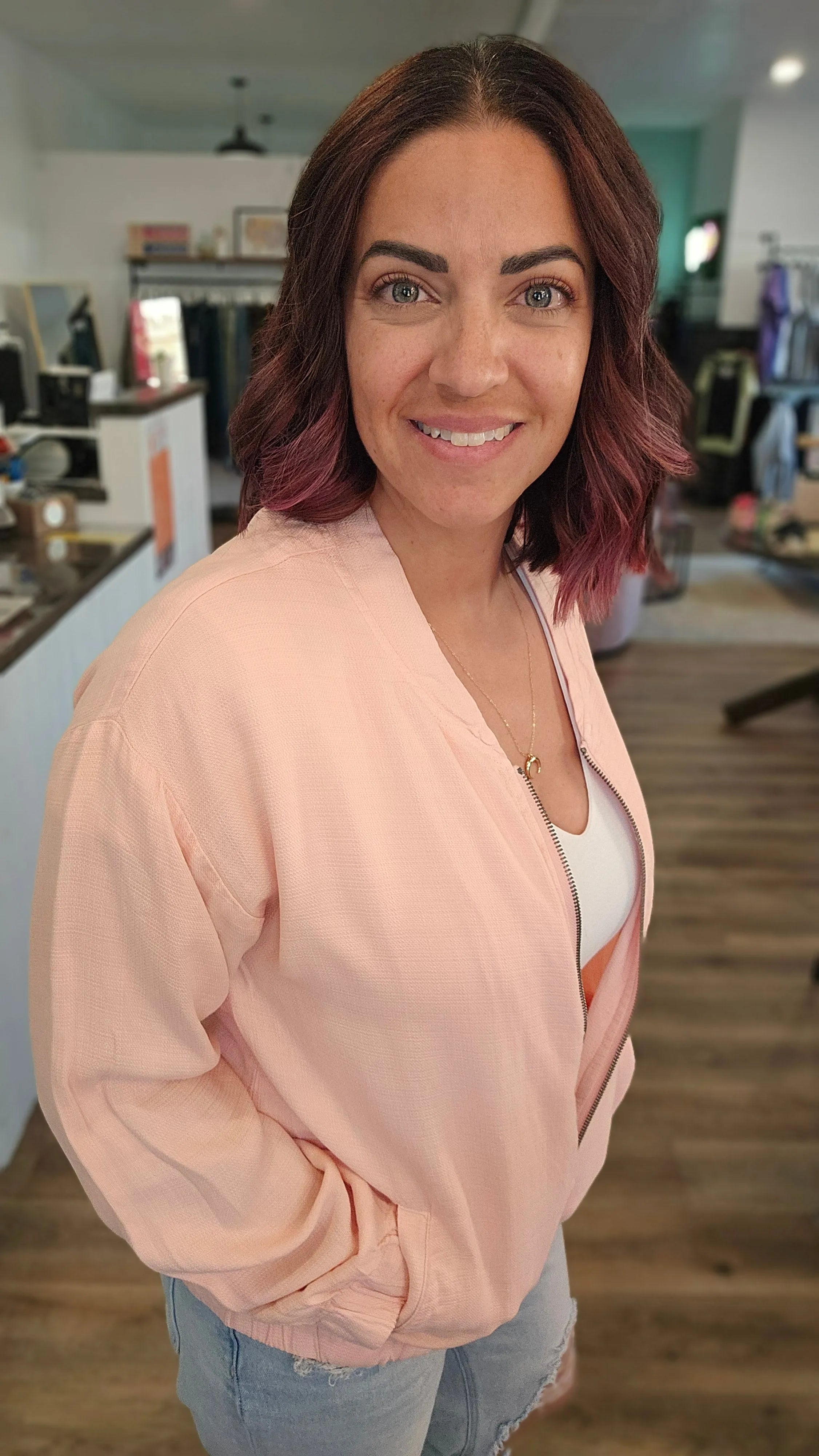 Shop Blush Baseball Jacket- at Ruby Joy Boutique, a Women's Clothing Store in Pickerington, Ohio