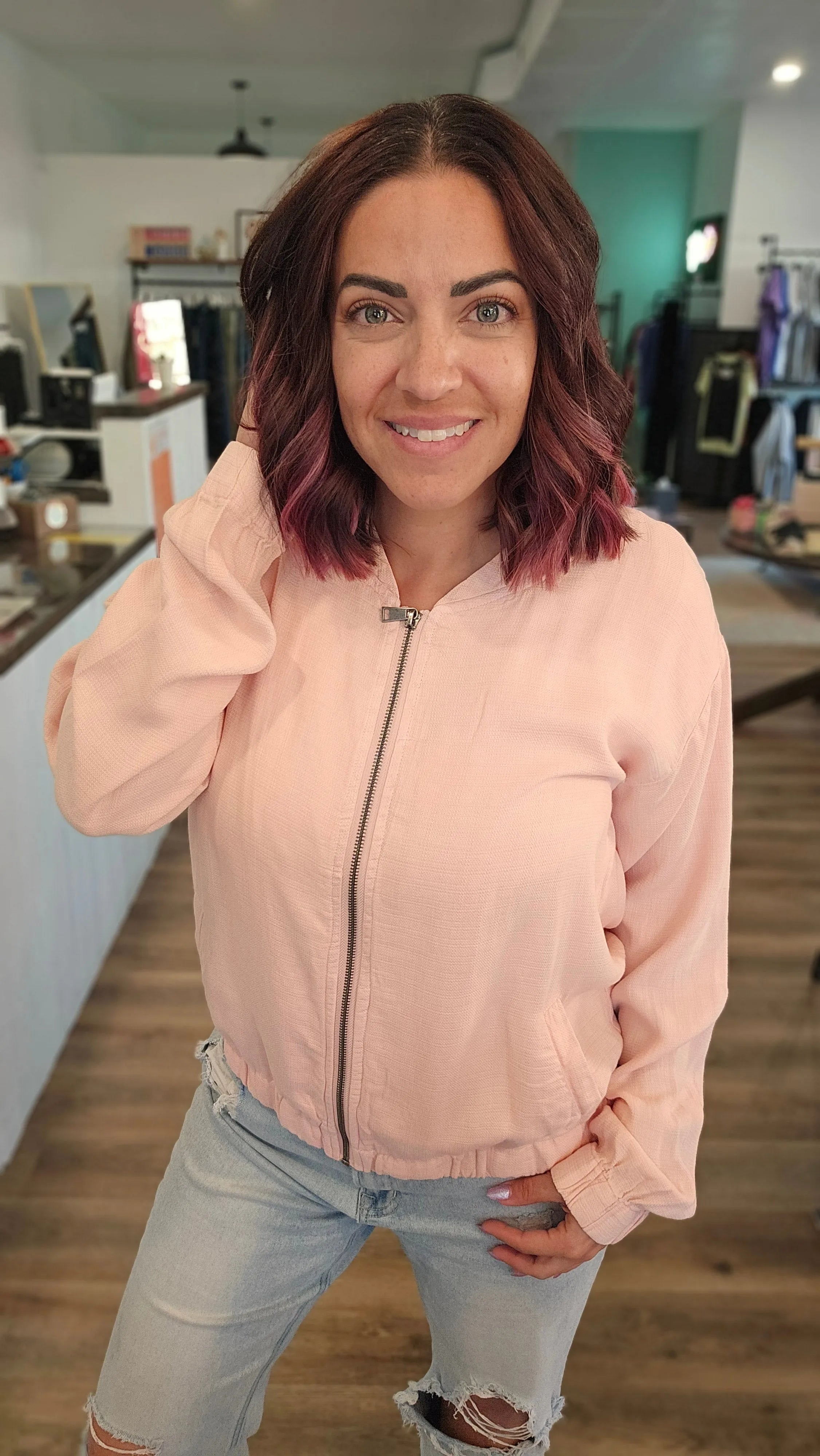 Shop Blush Baseball Jacket- at Ruby Joy Boutique, a Women's Clothing Store in Pickerington, Ohio