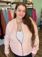 Shop Blush Baseball Jacket- at Ruby Joy Boutique, a Women's Clothing Store in Pickerington, Ohio