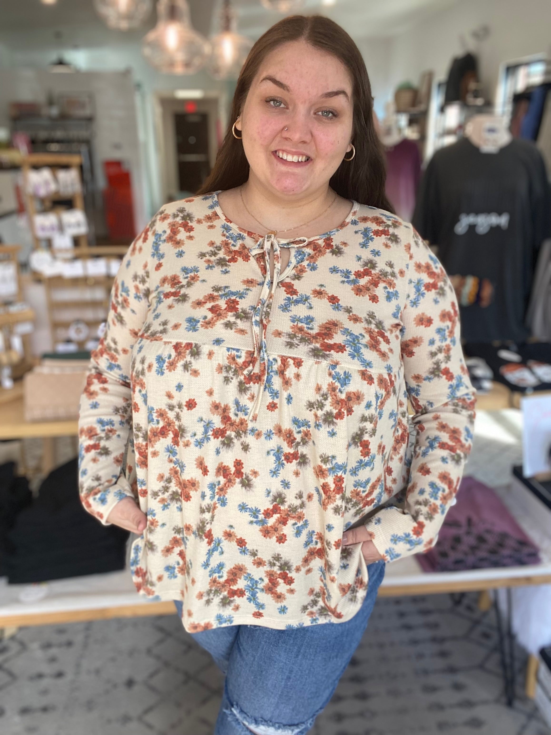 Shop Boho Floral Thermal Top-Long Sleeve Top at Ruby Joy Boutique, a Women's Clothing Store in Pickerington, Ohio