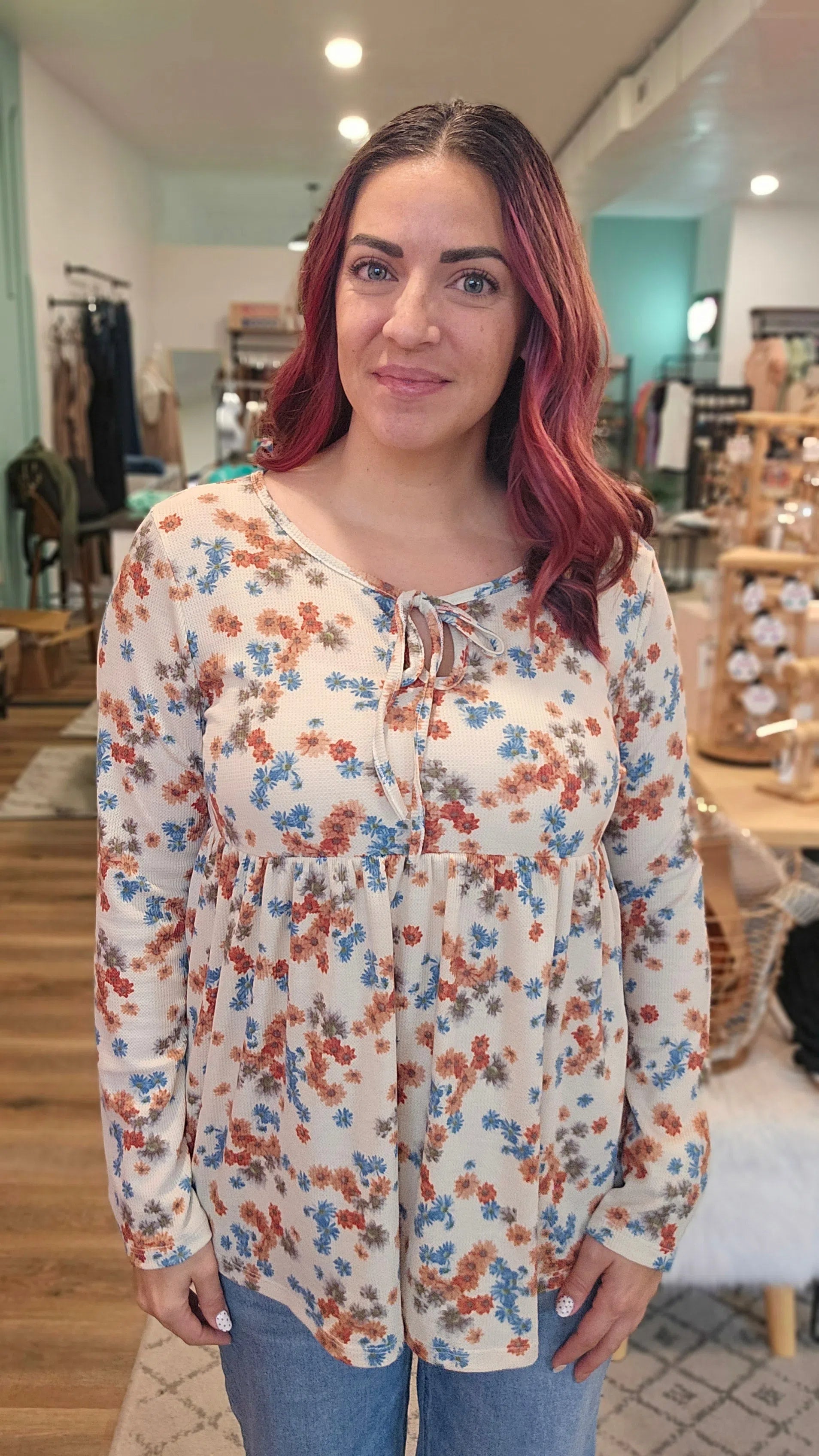 Shop Boho Floral Thermal Top-Shirts at Ruby Joy Boutique, a Women's Clothing Store in Pickerington, Ohio