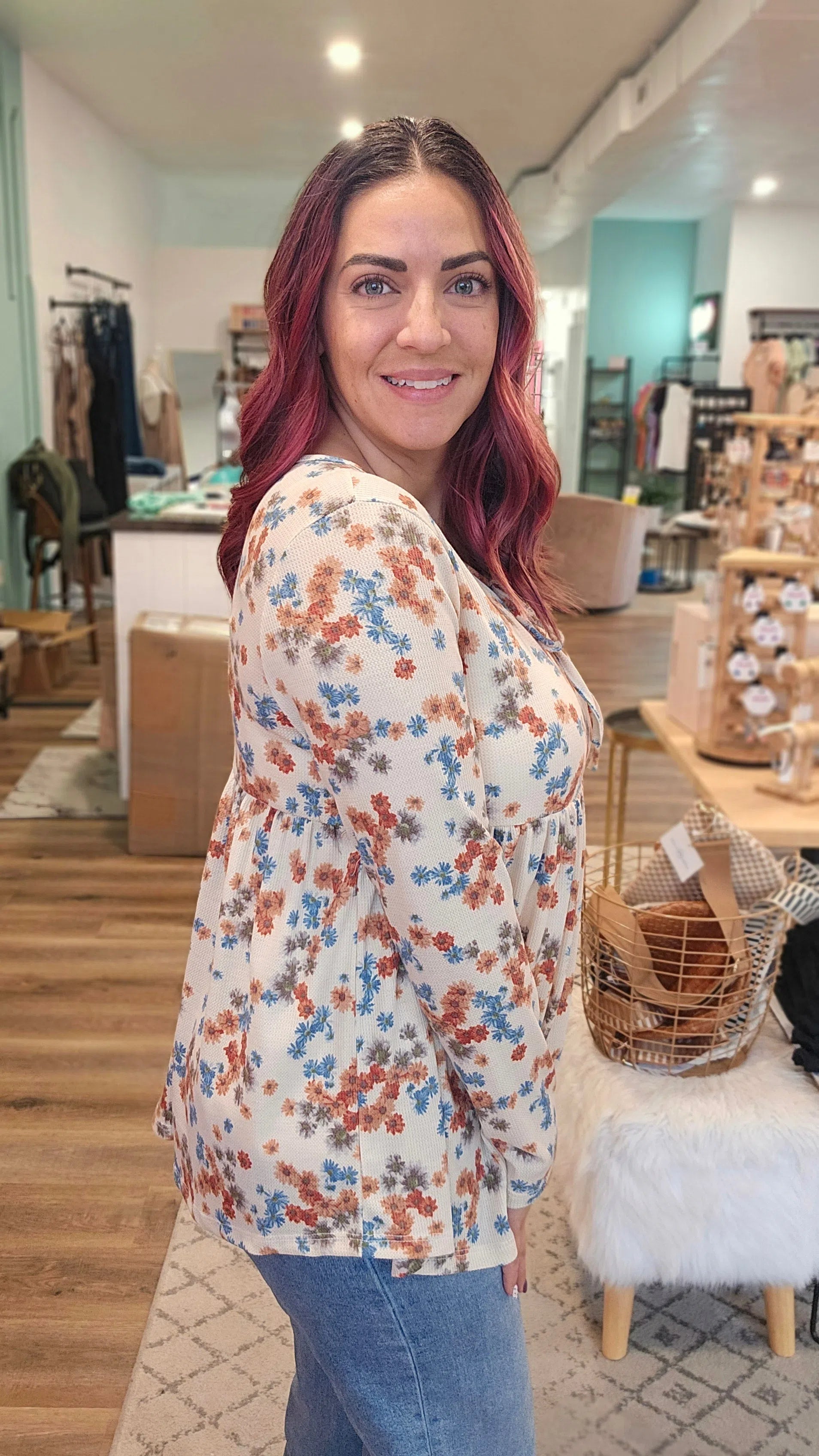 Shop Boho Floral Thermal Top-Long Sleeve Top at Ruby Joy Boutique, a Women's Clothing Store in Pickerington, Ohio