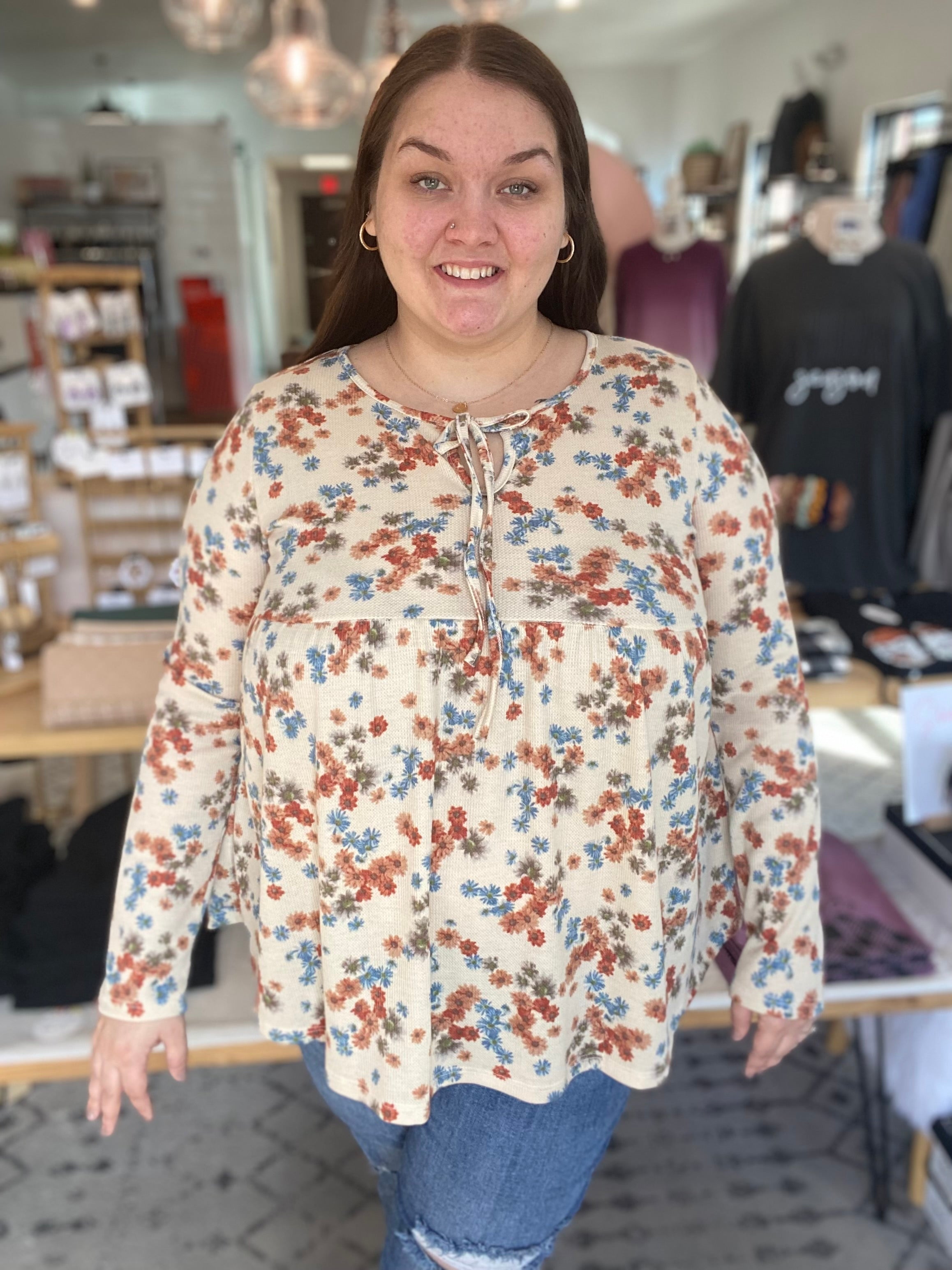 Shop Boho Floral Thermal Top-Long Sleeve Top at Ruby Joy Boutique, a Women's Clothing Store in Pickerington, Ohio