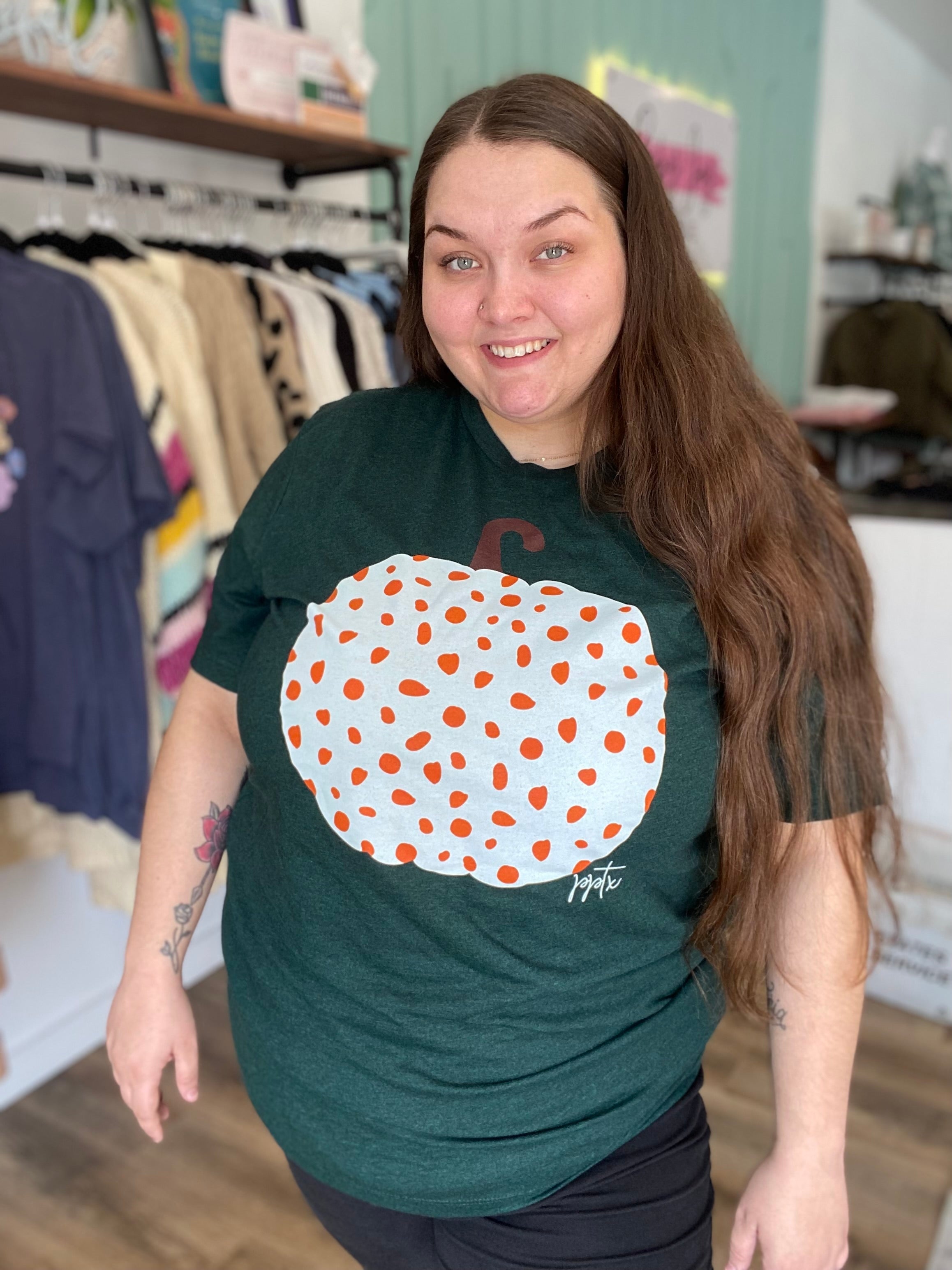 Shop Boho Spotted Pumpkin Tee-Graphic Tee at Ruby Joy Boutique, a Women's Clothing Store in Pickerington, Ohio