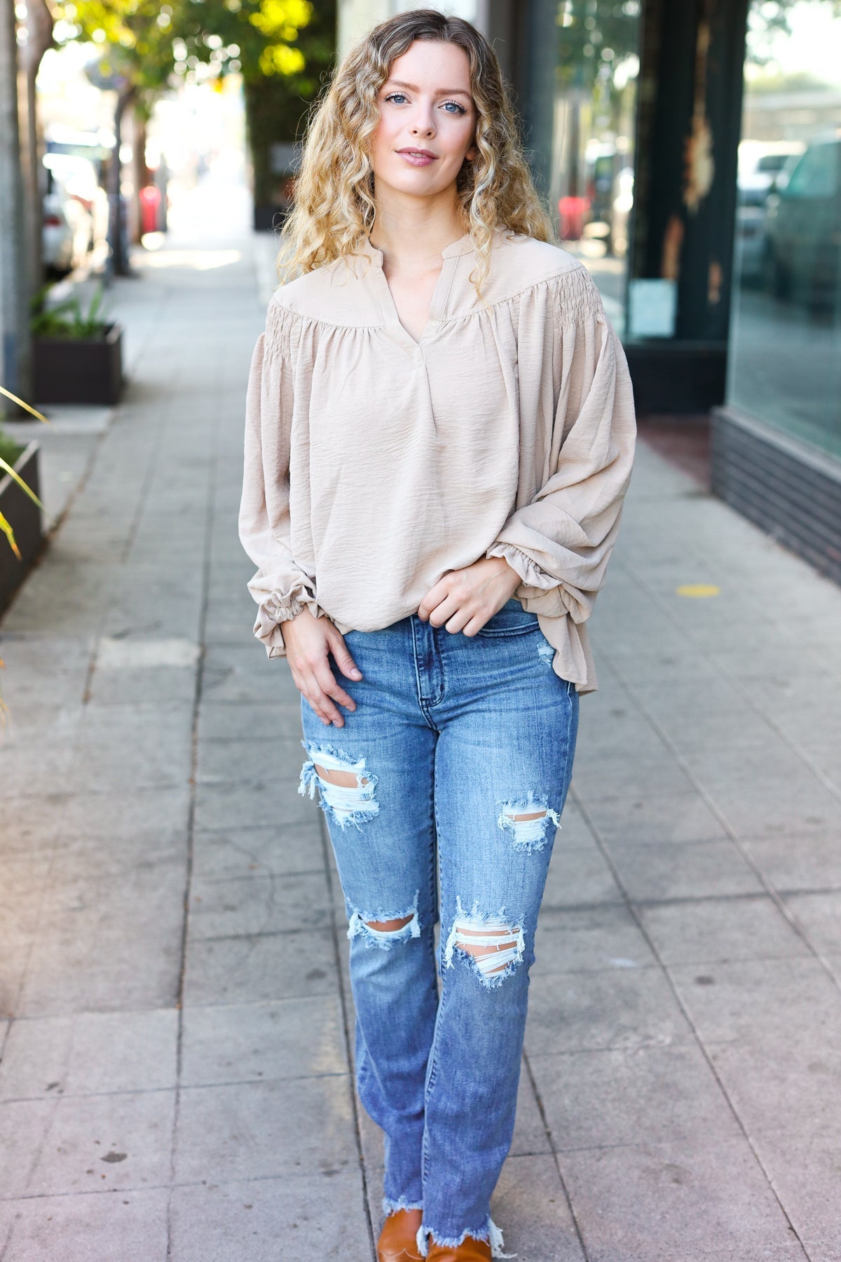 Shop Boho Vibes Smocked Bubble Sleeve Top-Blouse at Ruby Joy Boutique, a Women's Clothing Store in Pickerington, Ohio