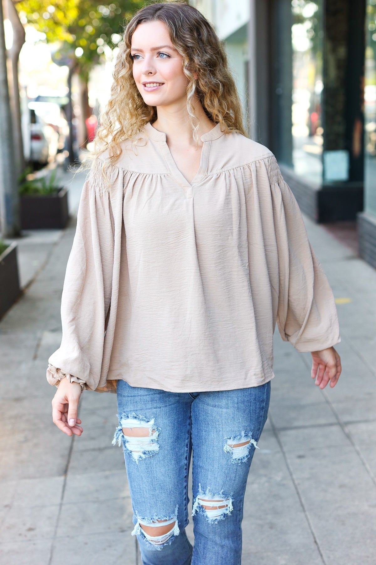 Shop Boho Vibes Smocked Bubble Sleeve Top-Blouse at Ruby Joy Boutique, a Women's Clothing Store in Pickerington, Ohio