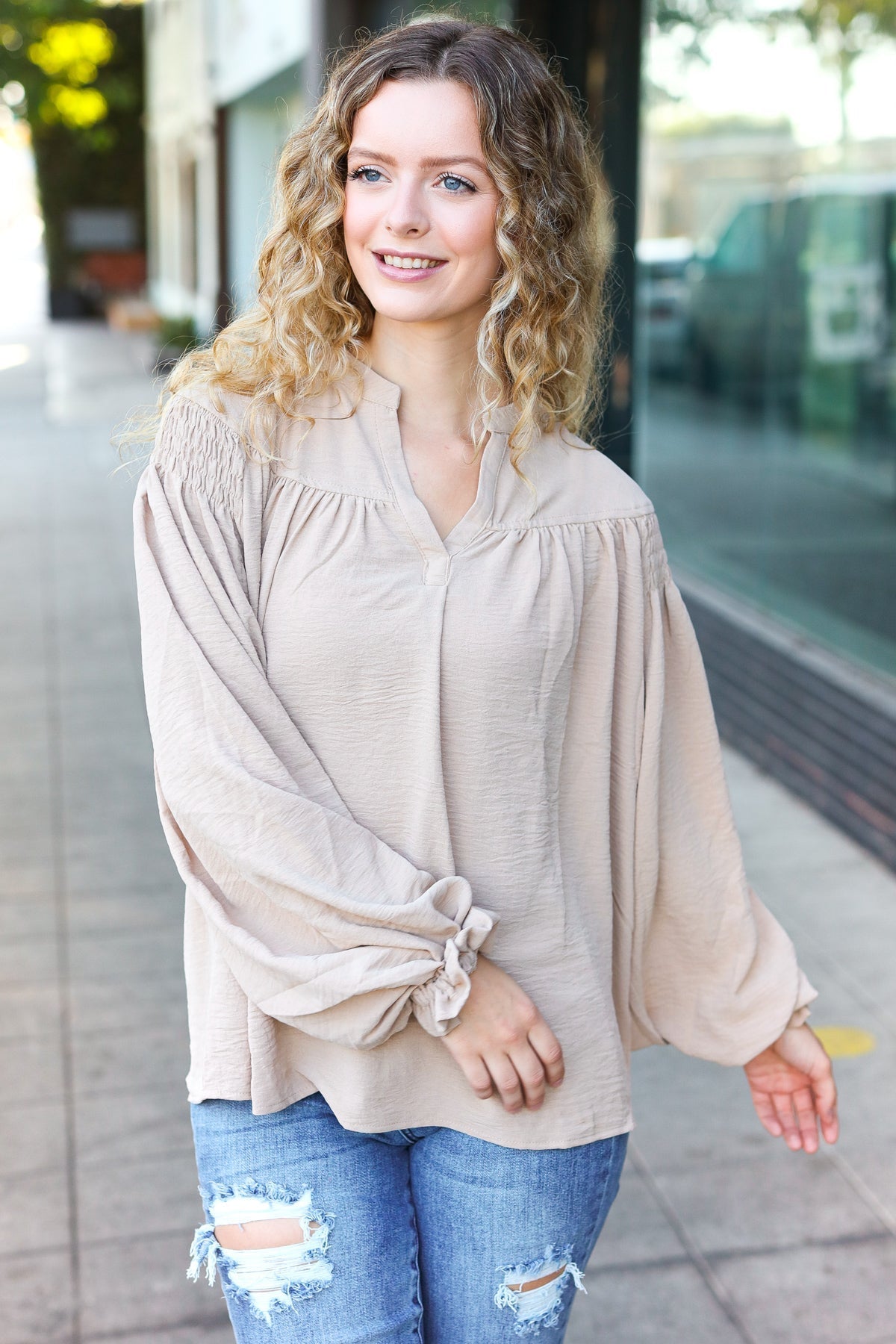 Shop Boho Vibes Smocked Bubble Sleeve Top-Blouse at Ruby Joy Boutique, a Women's Clothing Store in Pickerington, Ohio