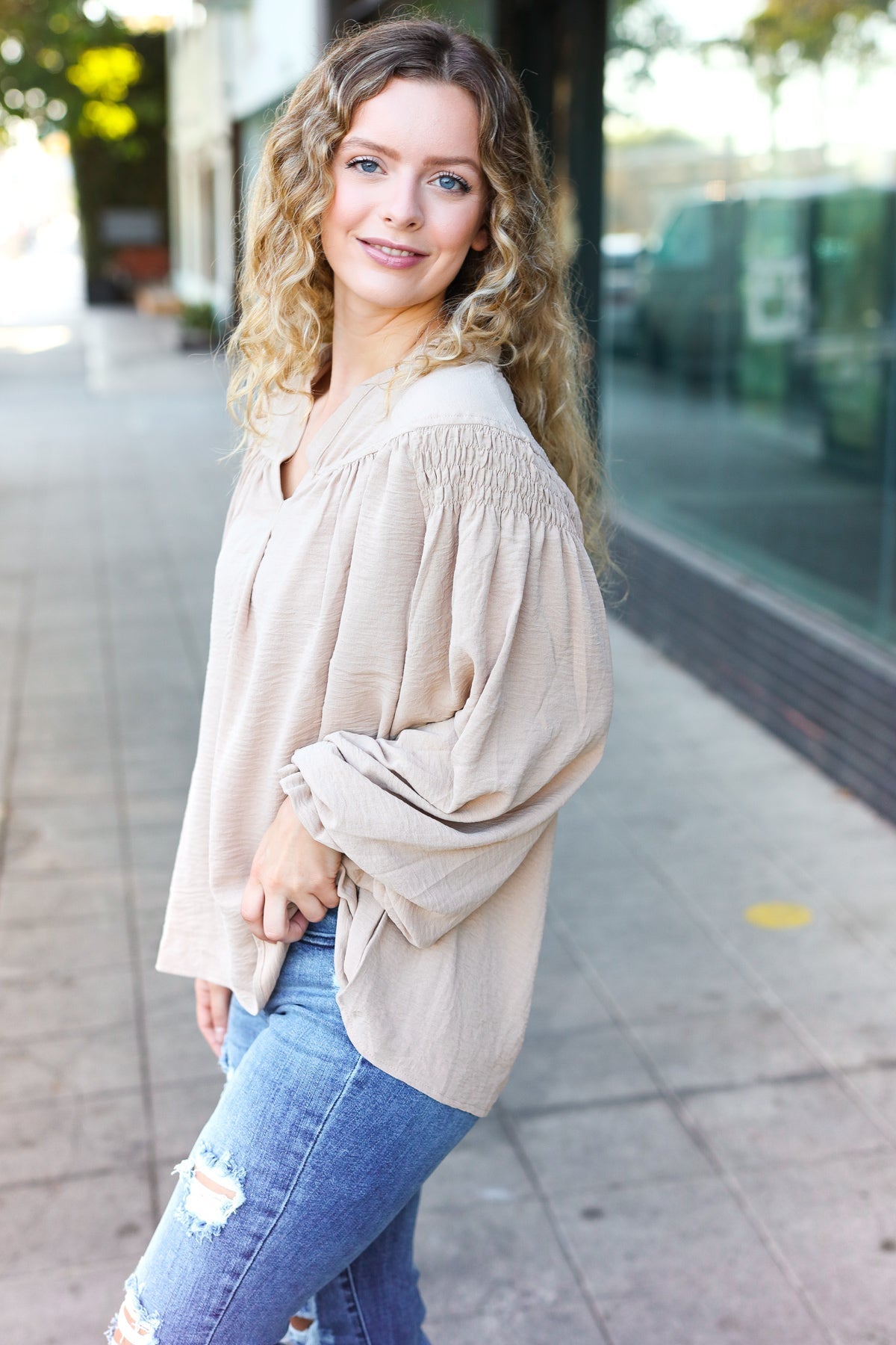 Shop Boho Vibes Smocked Bubble Sleeve Top-Blouse at Ruby Joy Boutique, a Women's Clothing Store in Pickerington, Ohio