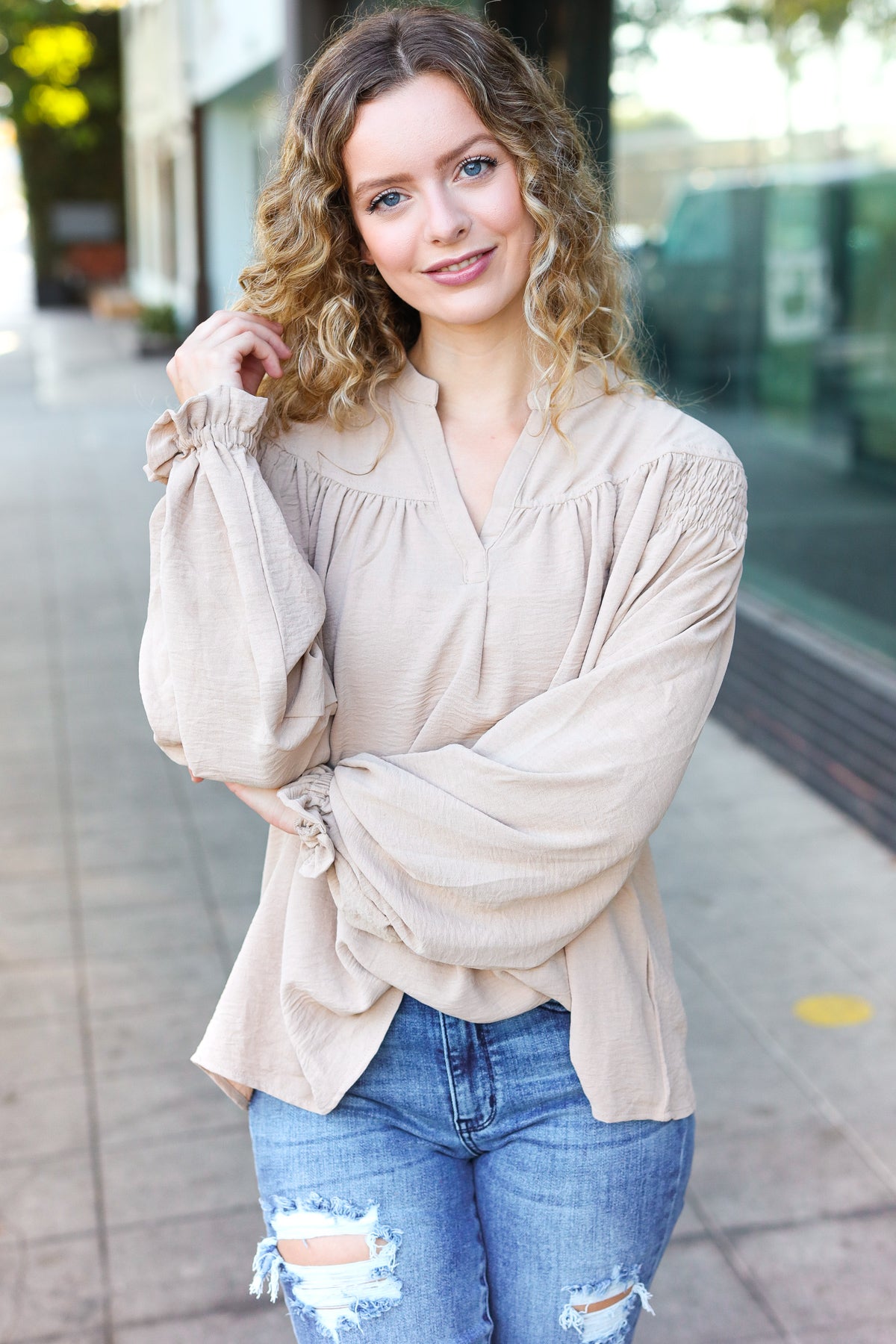 Shop Boho Vibes Smocked Bubble Sleeve Top-Blouse at Ruby Joy Boutique, a Women's Clothing Store in Pickerington, Ohio