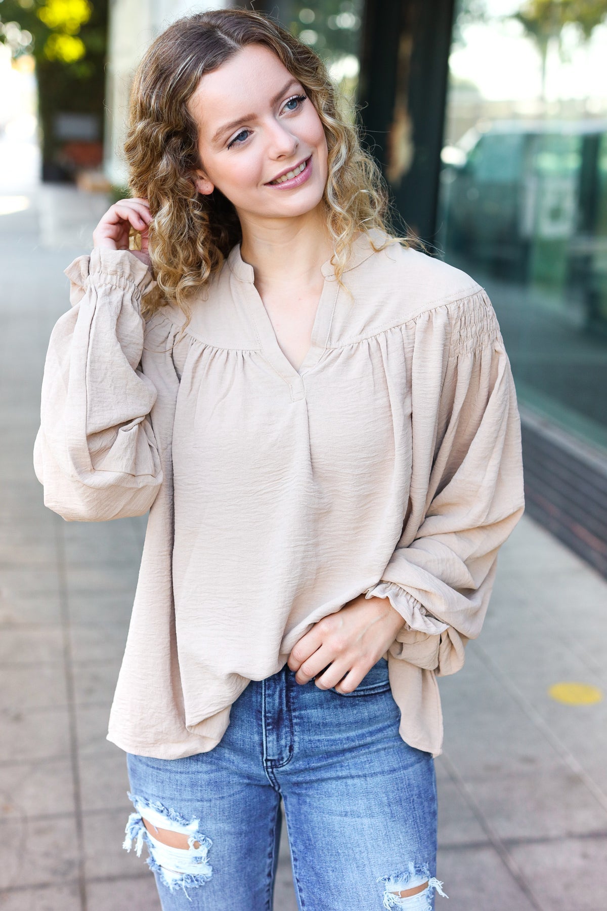 Shop Boho Vibes Smocked Bubble Sleeve Top-Blouse at Ruby Joy Boutique, a Women's Clothing Store in Pickerington, Ohio