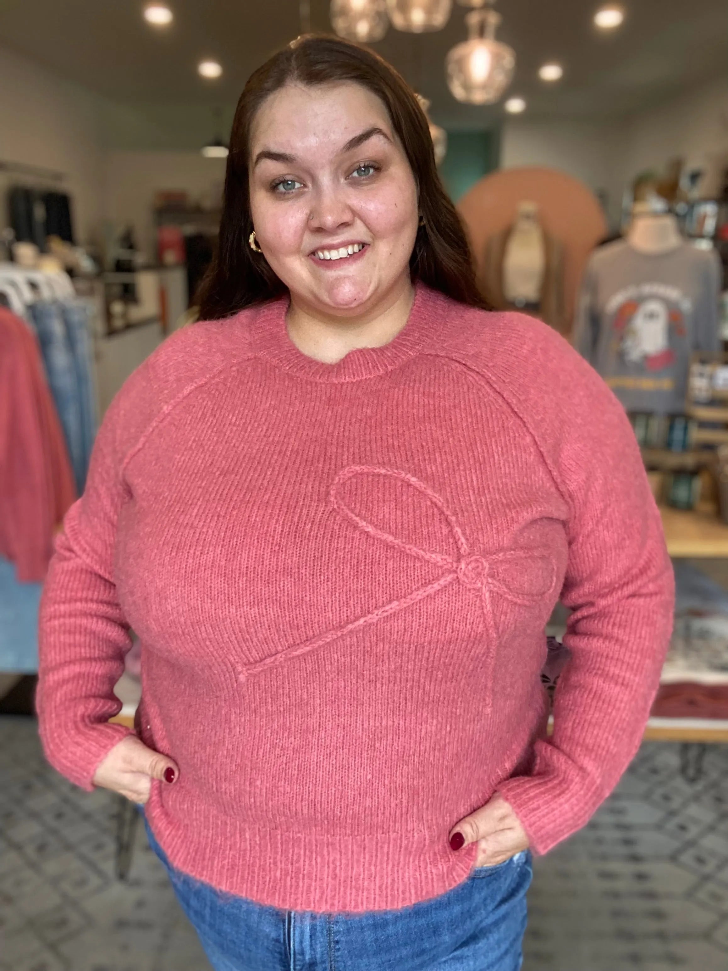 Shop Bow Embroidered Sweater - Rosy Pink- at Ruby Joy Boutique, a Women's Clothing Store in Pickerington, Ohio