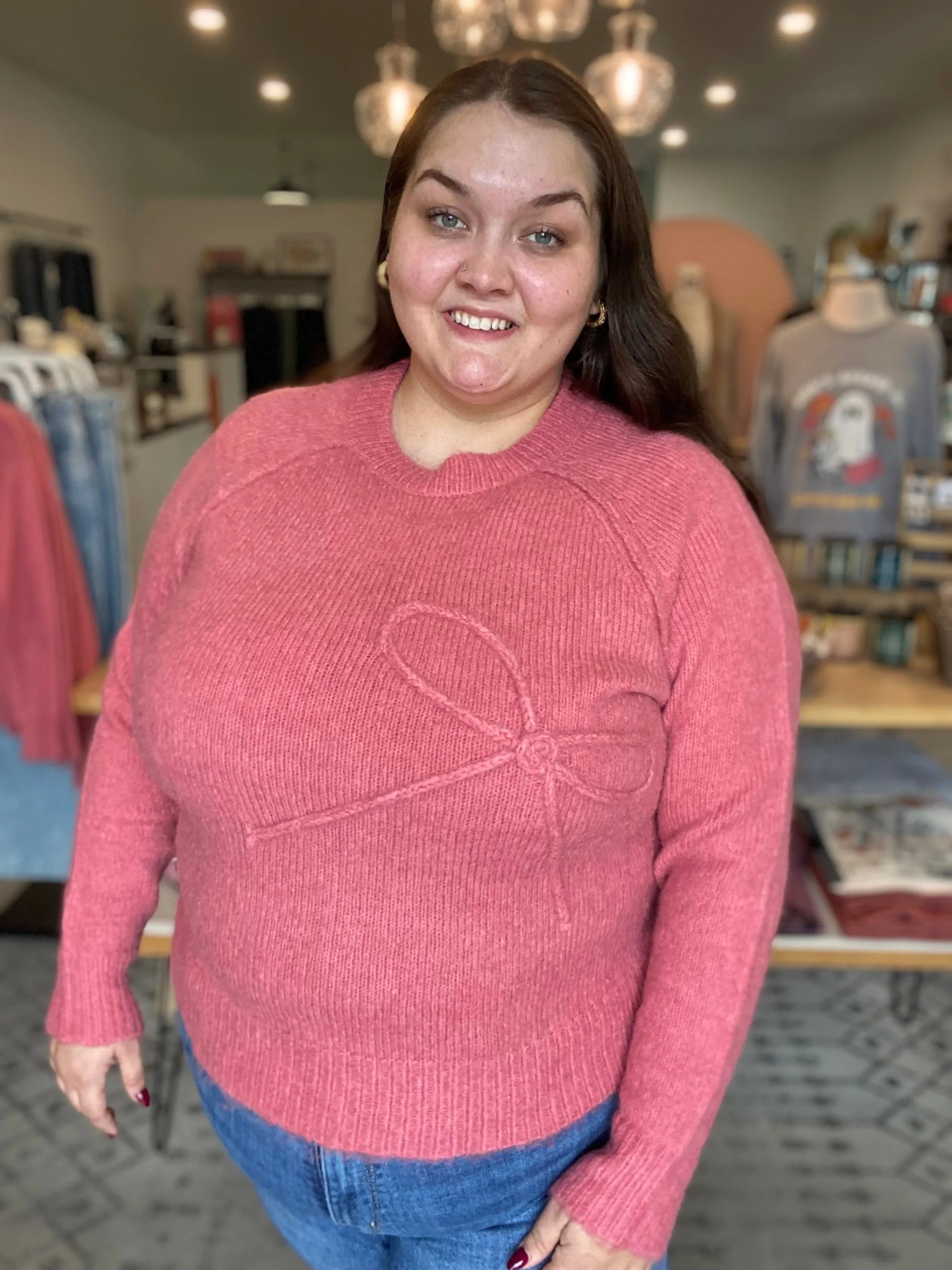Shop Bow Embroidered Sweater - Rosy Pink-XL at Ruby Joy Boutique, a Women's Clothing Store in Pickerington, Ohio