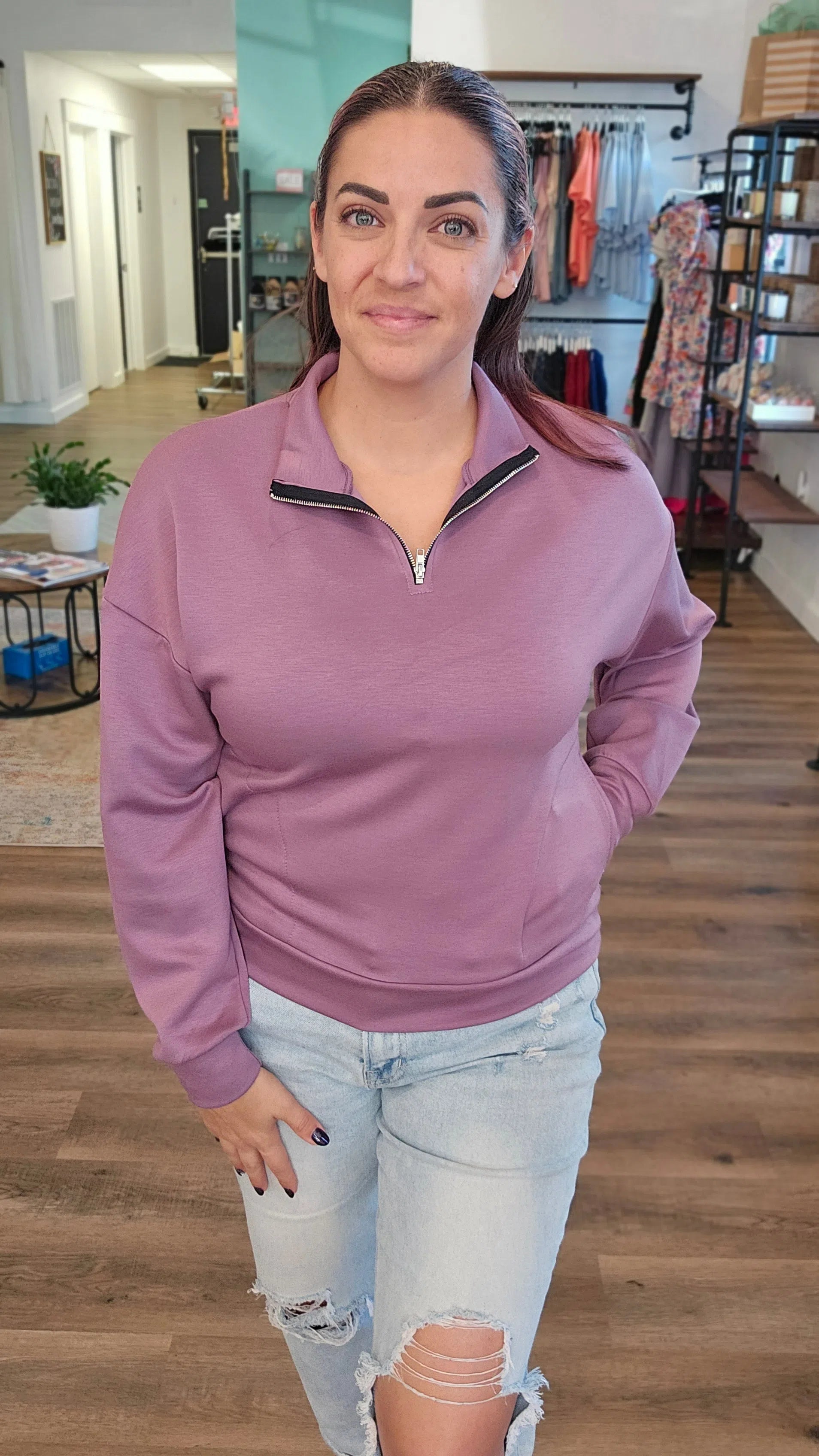 Shop Bridget Quarter-Zip Pullover-Shirts at Ruby Joy Boutique, a Women's Clothing Store in Pickerington, Ohio