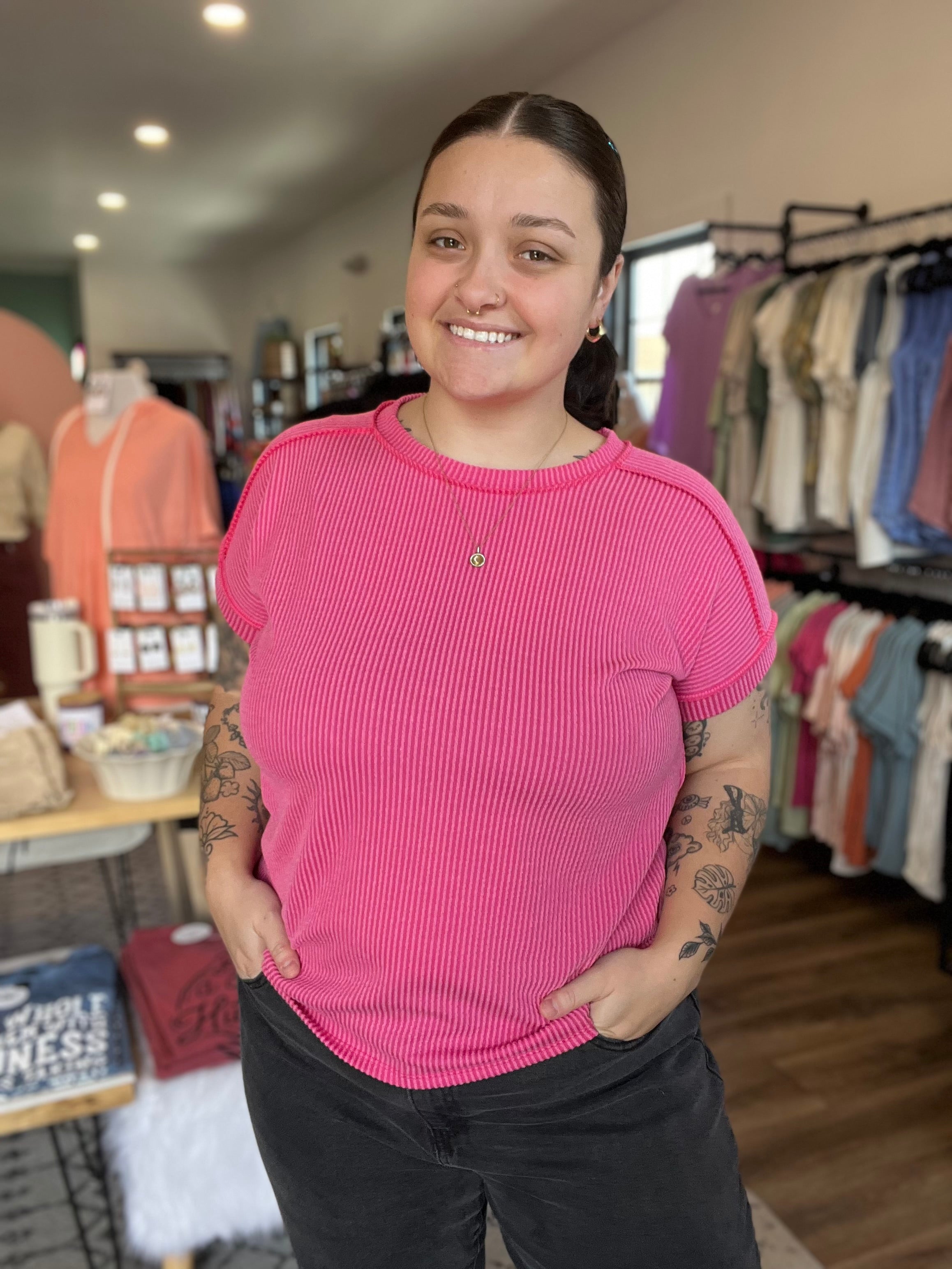 Shop Bright Pink Ribbed Tee-Shirts & Tops at Ruby Joy Boutique, a Women's Clothing Store in Pickerington, Ohio