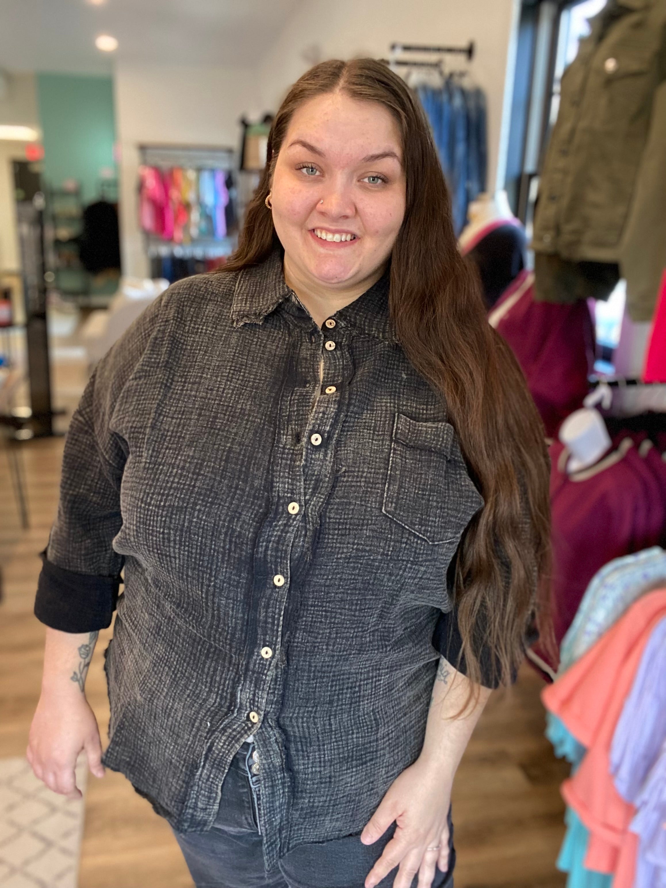 Shop Brittney Roll-Tab Long Sleeved Top-Shirts & Tops at Ruby Joy Boutique, a Women's Clothing Store in Pickerington, Ohio