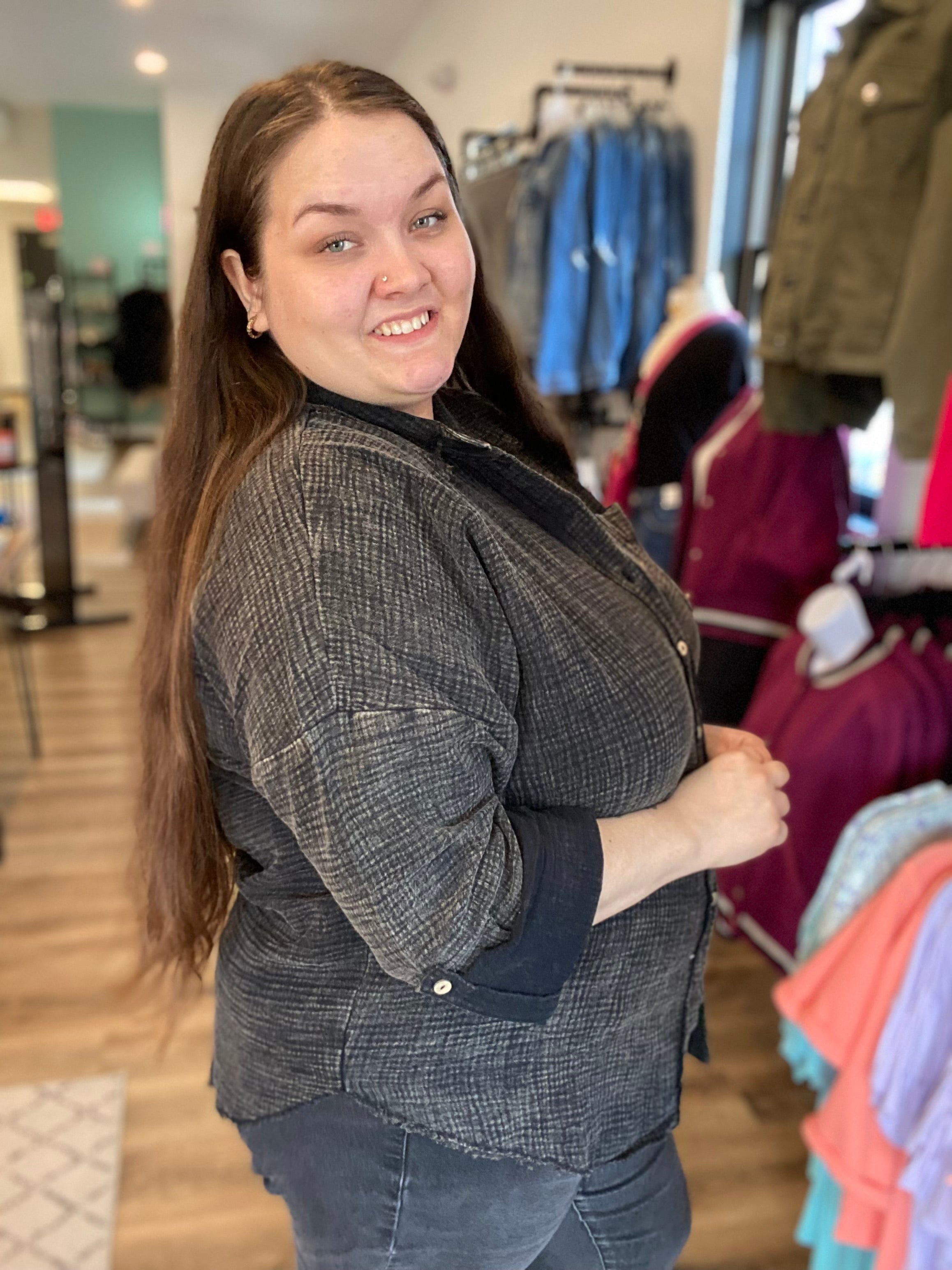 Shop Brittney Roll-Tab Long Sleeved Top-Shirts & Tops at Ruby Joy Boutique, a Women's Clothing Store in Pickerington, Ohio