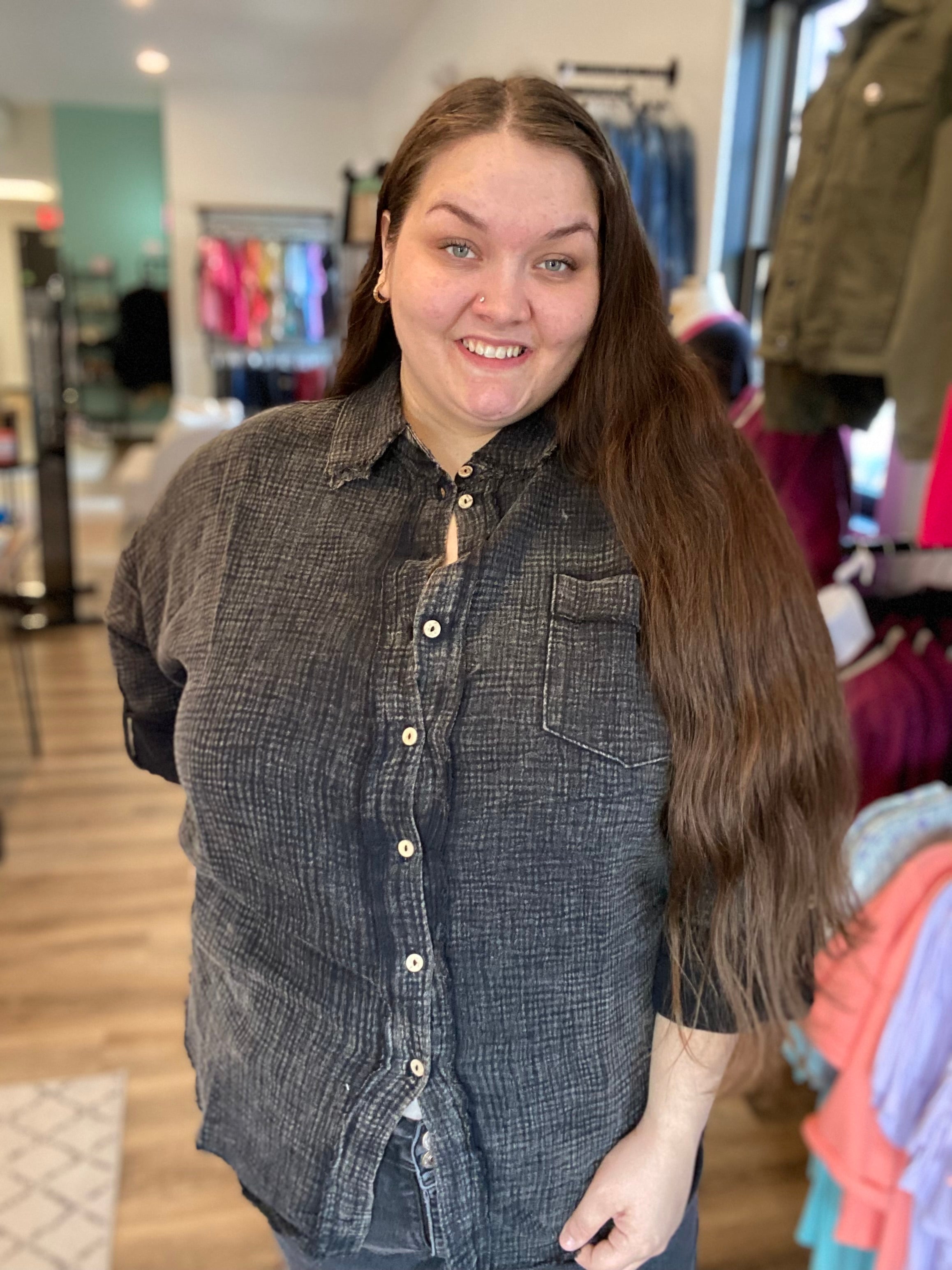 Shop Brittney Roll-Tab Long Sleeved Top-Shirts & Tops at Ruby Joy Boutique, a Women's Clothing Store in Pickerington, Ohio