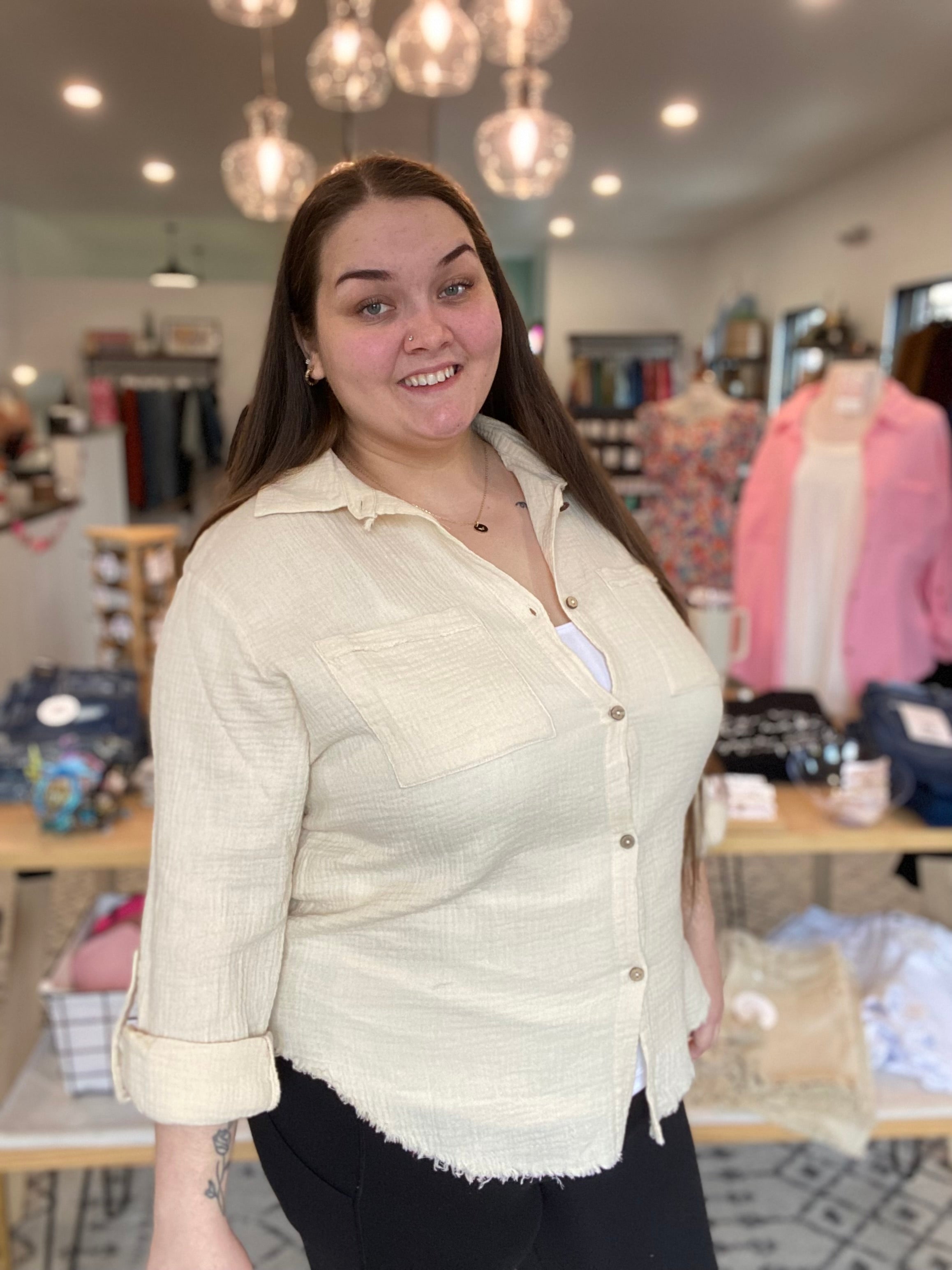 Shop Brittney Roll-Tab Long Sleeved Top - Light Beige-Blouse at Ruby Joy Boutique, a Women's Clothing Store in Pickerington, Ohio