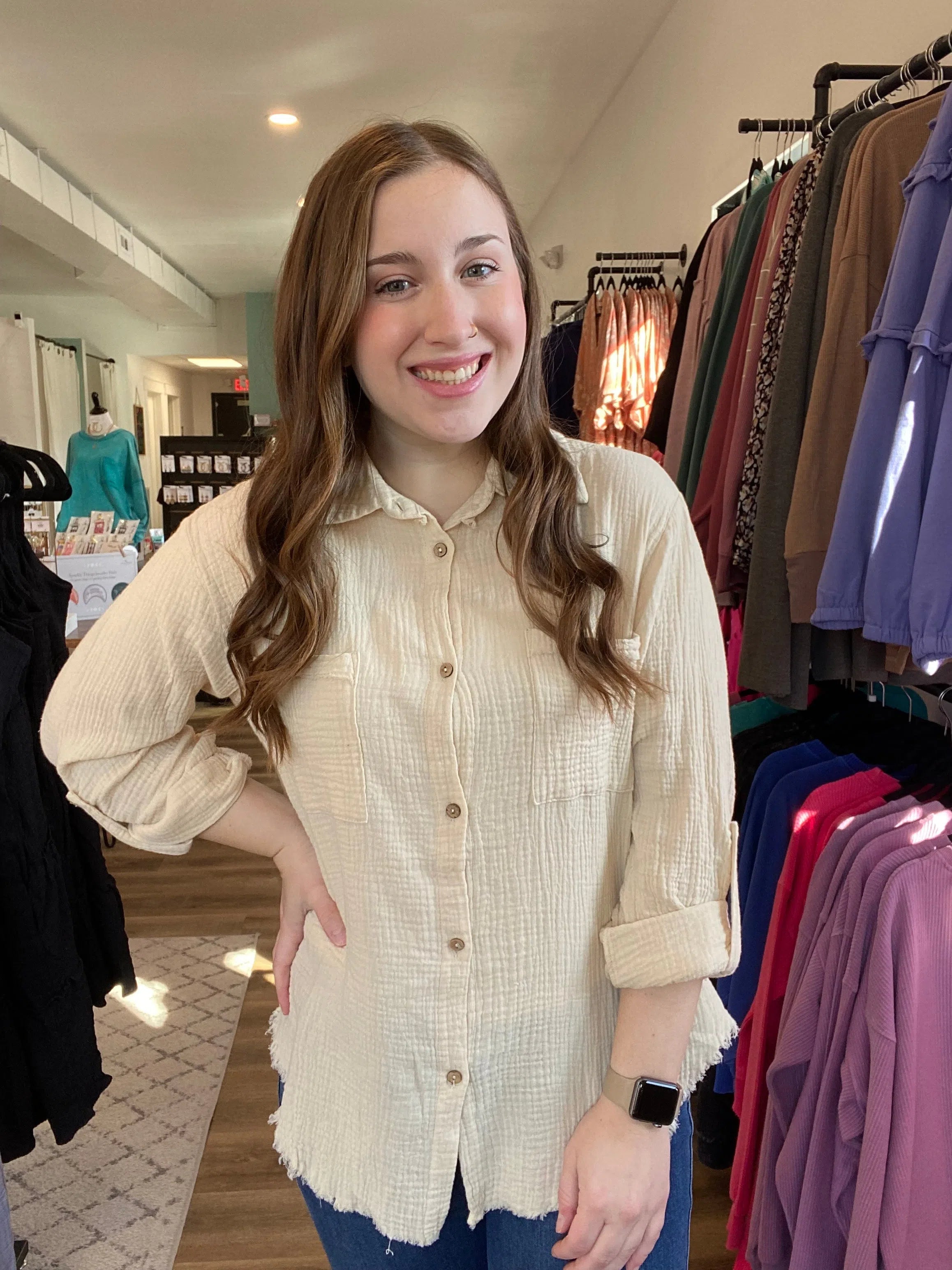Shop Brittney Roll-Tab Long Sleeved Top - Light Beige-Blouse at Ruby Joy Boutique, a Women's Clothing Store in Pickerington, Ohio