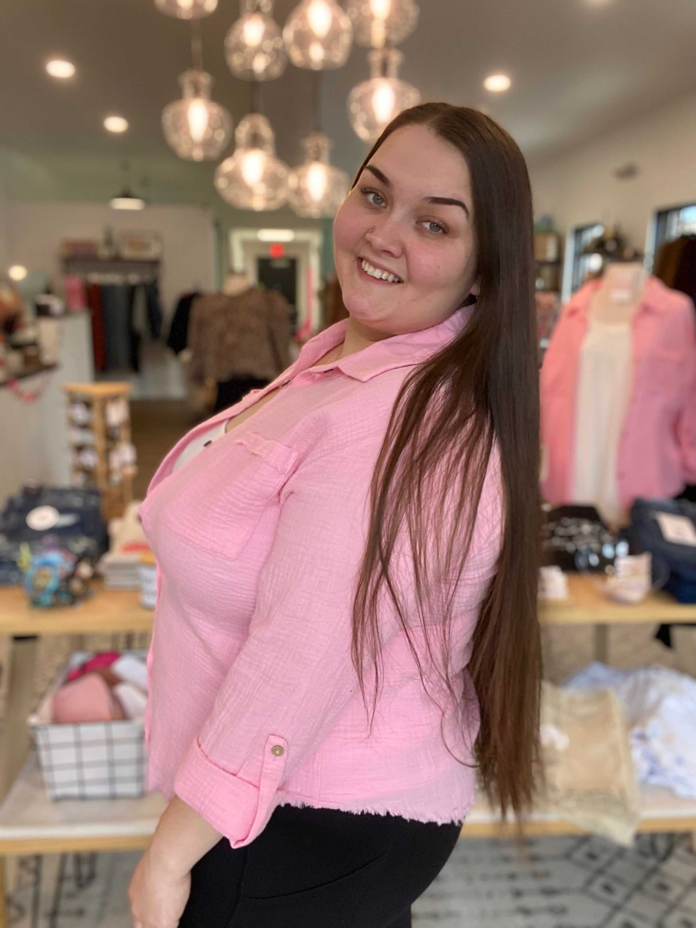 Shop Brittney Roll-Tab Long Sleeved Top - Pink-Blouse at Ruby Joy Boutique, a Women's Clothing Store in Pickerington, Ohio
