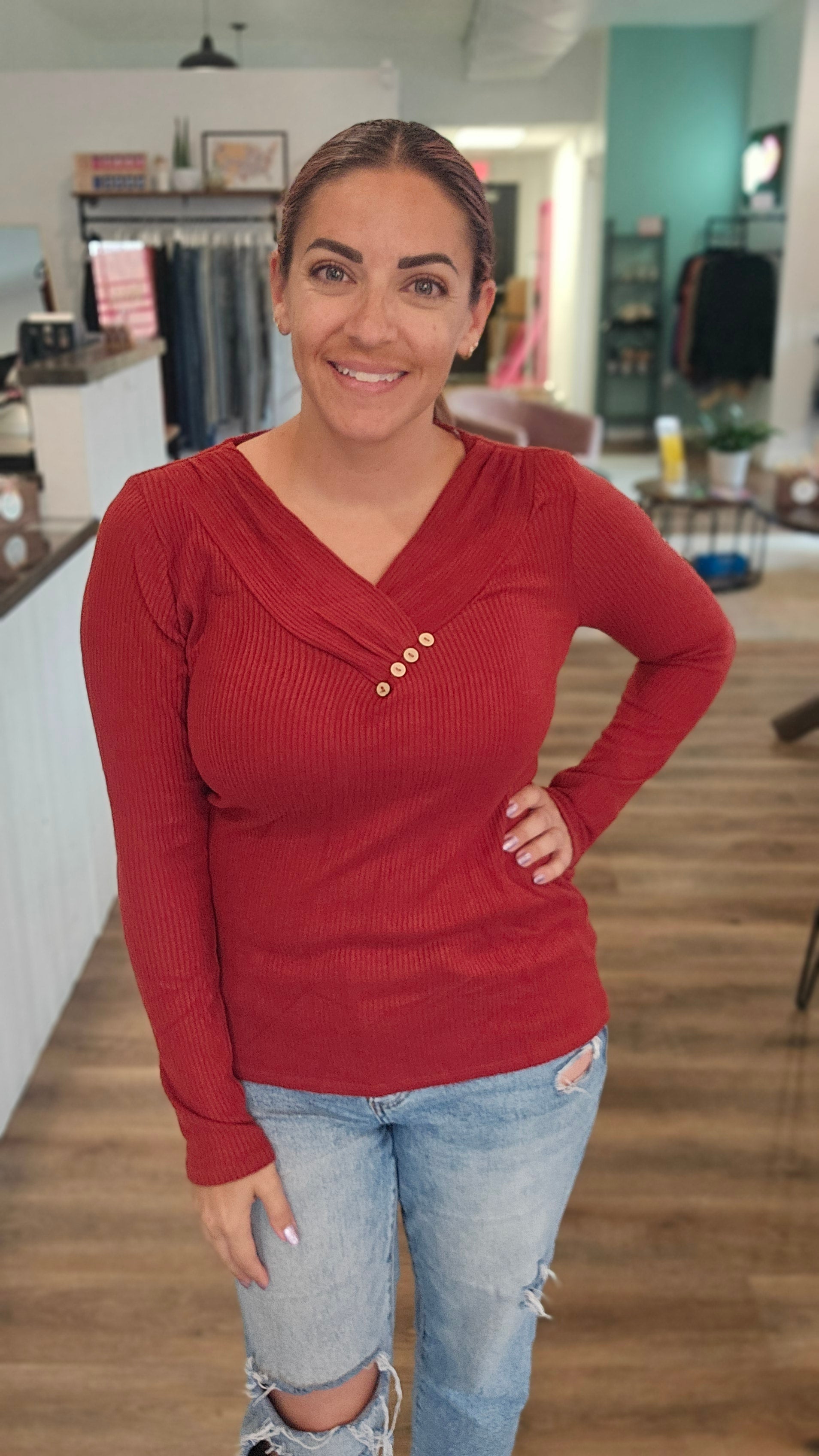 Shop Brooklyn Button Top - Brick-Shirts at Ruby Joy Boutique, a Women's Clothing Store in Pickerington, Ohio