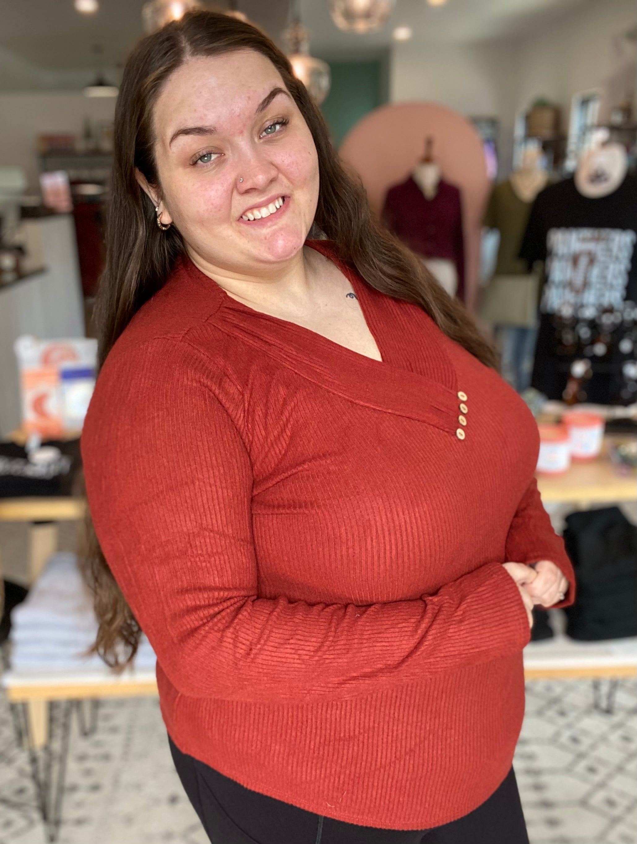 Shop Brooklyn Button Top - Brick-Shirts at Ruby Joy Boutique, a Women's Clothing Store in Pickerington, Ohio