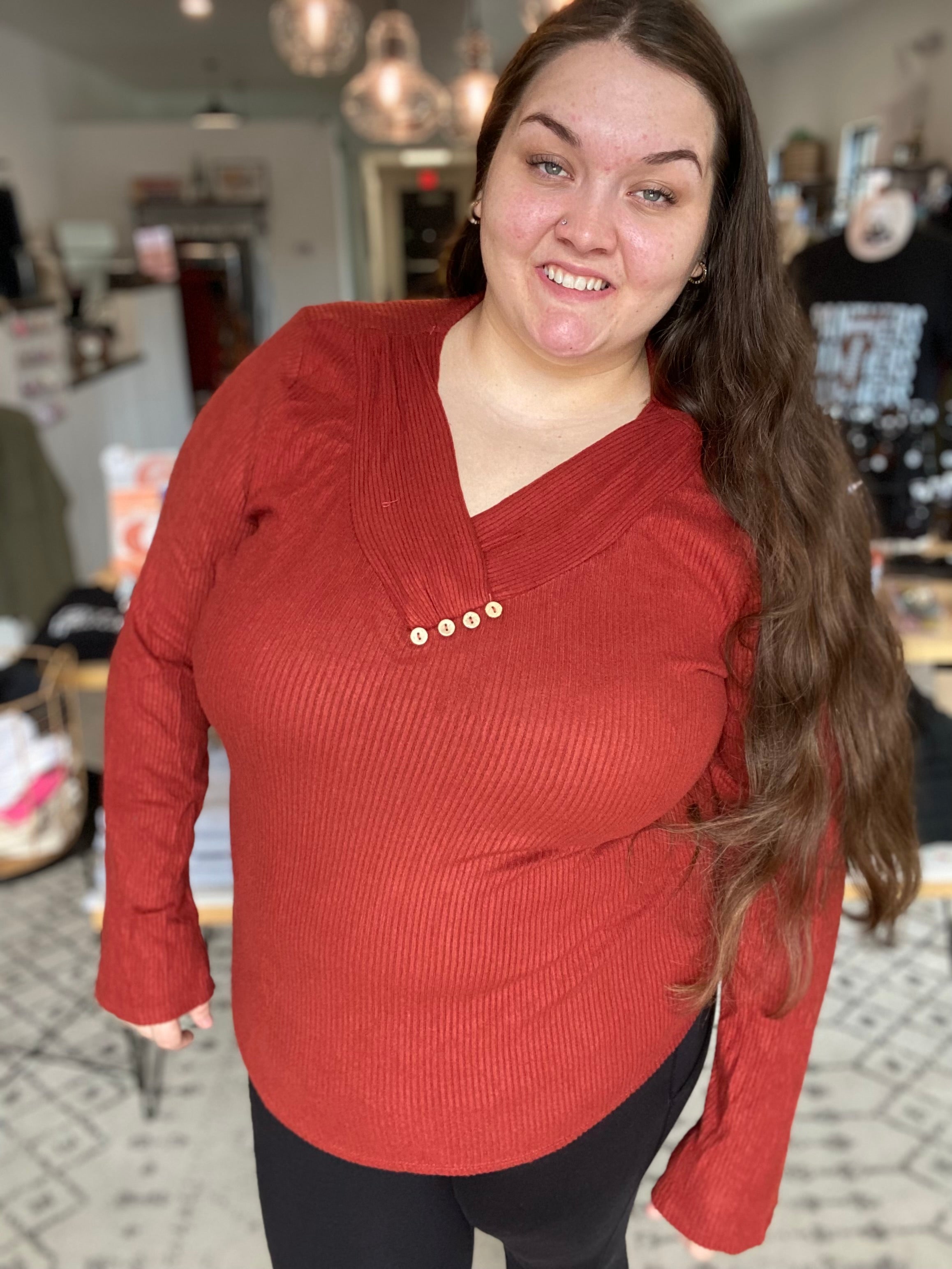 Shop Brooklyn Button Top - Brick-Shirts at Ruby Joy Boutique, a Women's Clothing Store in Pickerington, Ohio