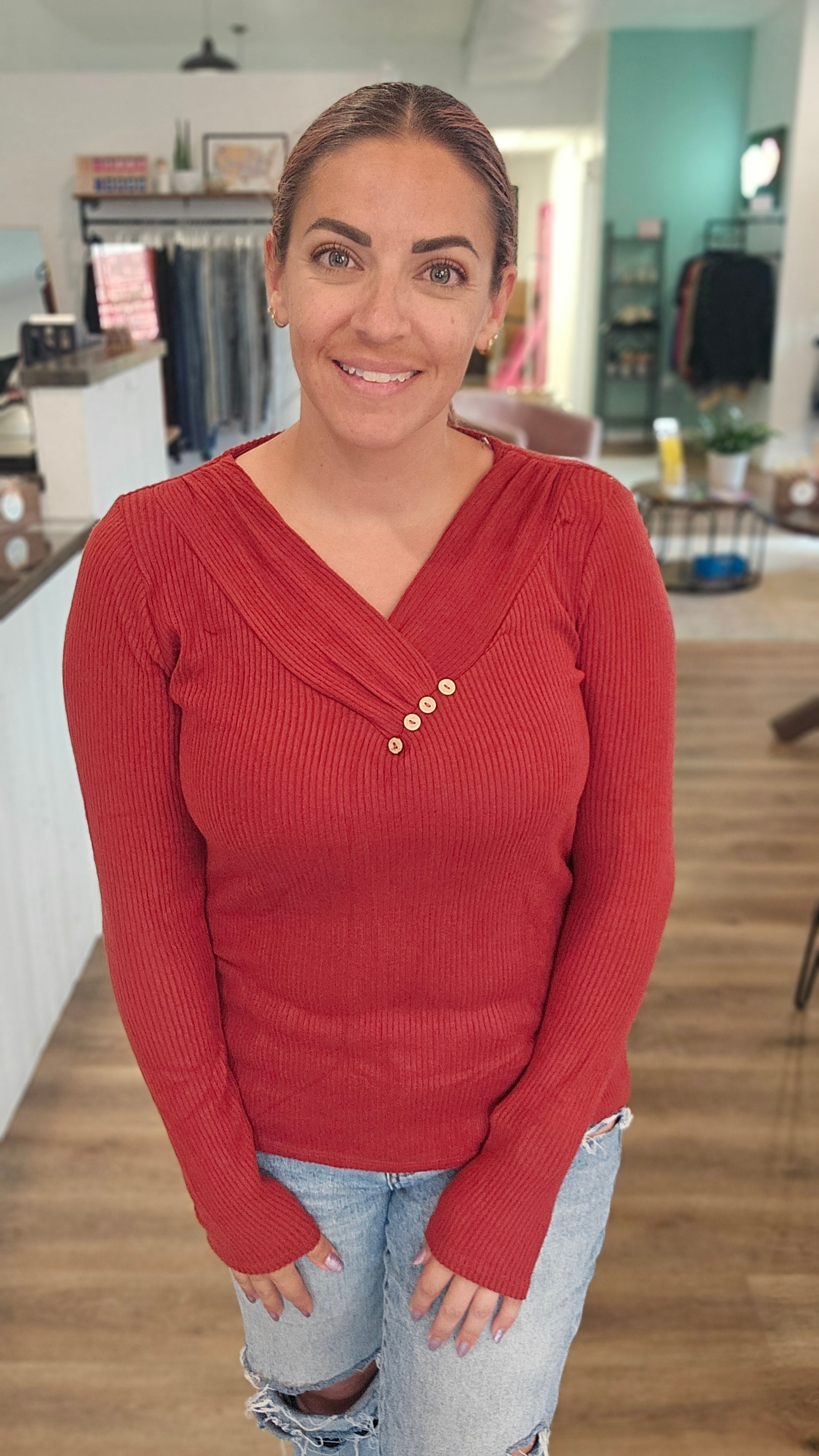 Shop Brooklyn Button Top - Brick-Shirts at Ruby Joy Boutique, a Women's Clothing Store in Pickerington, Ohio