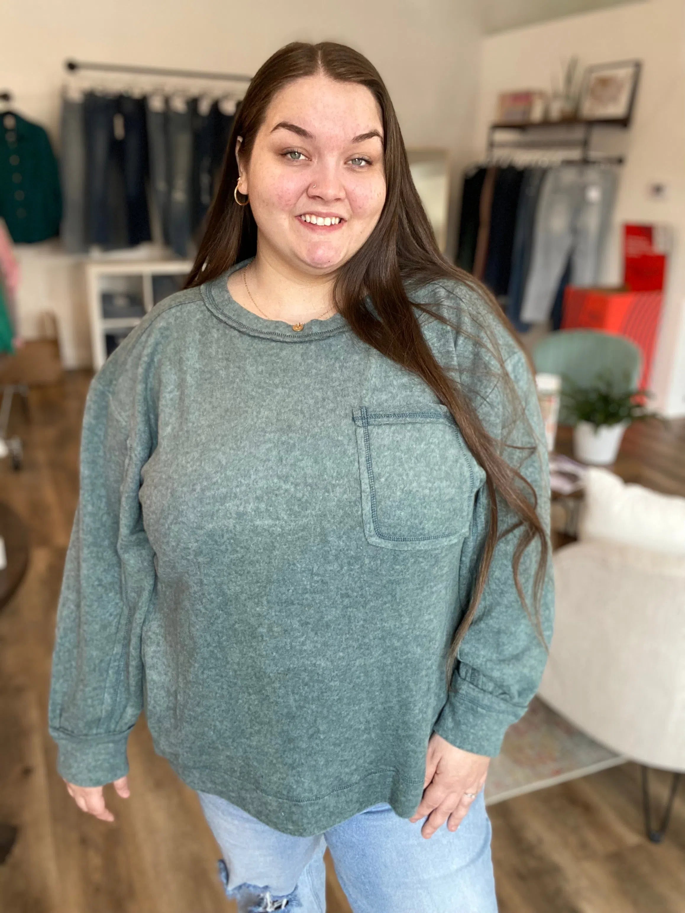 Shop Brushed Hacci Pocket Sweater - Ash Jade-1XL/2XL at Ruby Joy Boutique, a Women's Clothing Store in Pickerington, Ohio