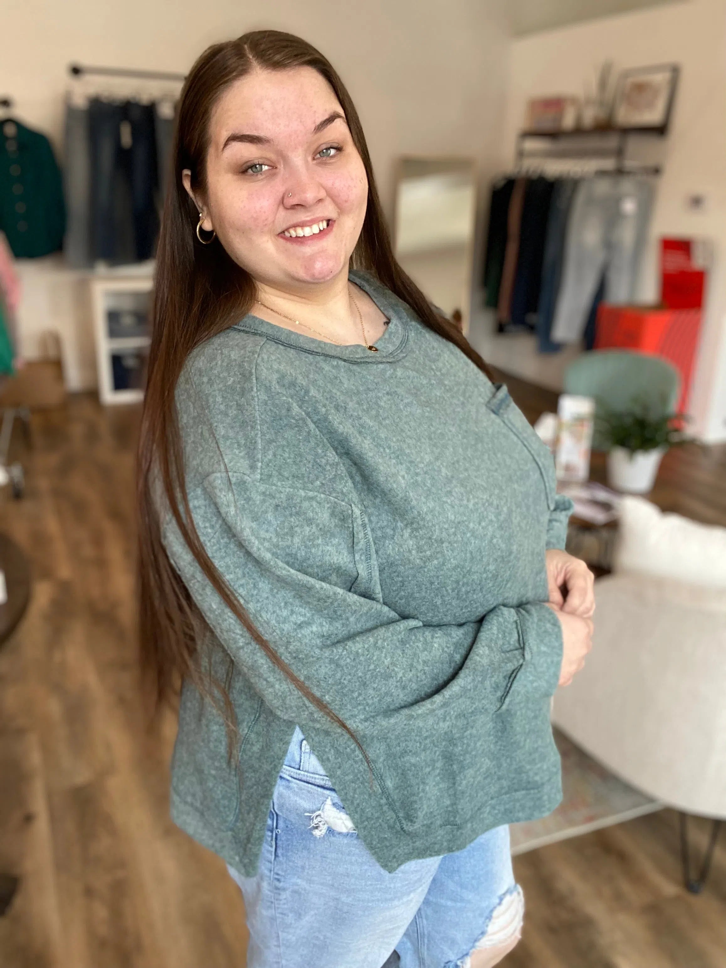 Shop Brushed Hacci Pocket Sweater - Ash Jade- at Ruby Joy Boutique, a Women's Clothing Store in Pickerington, Ohio