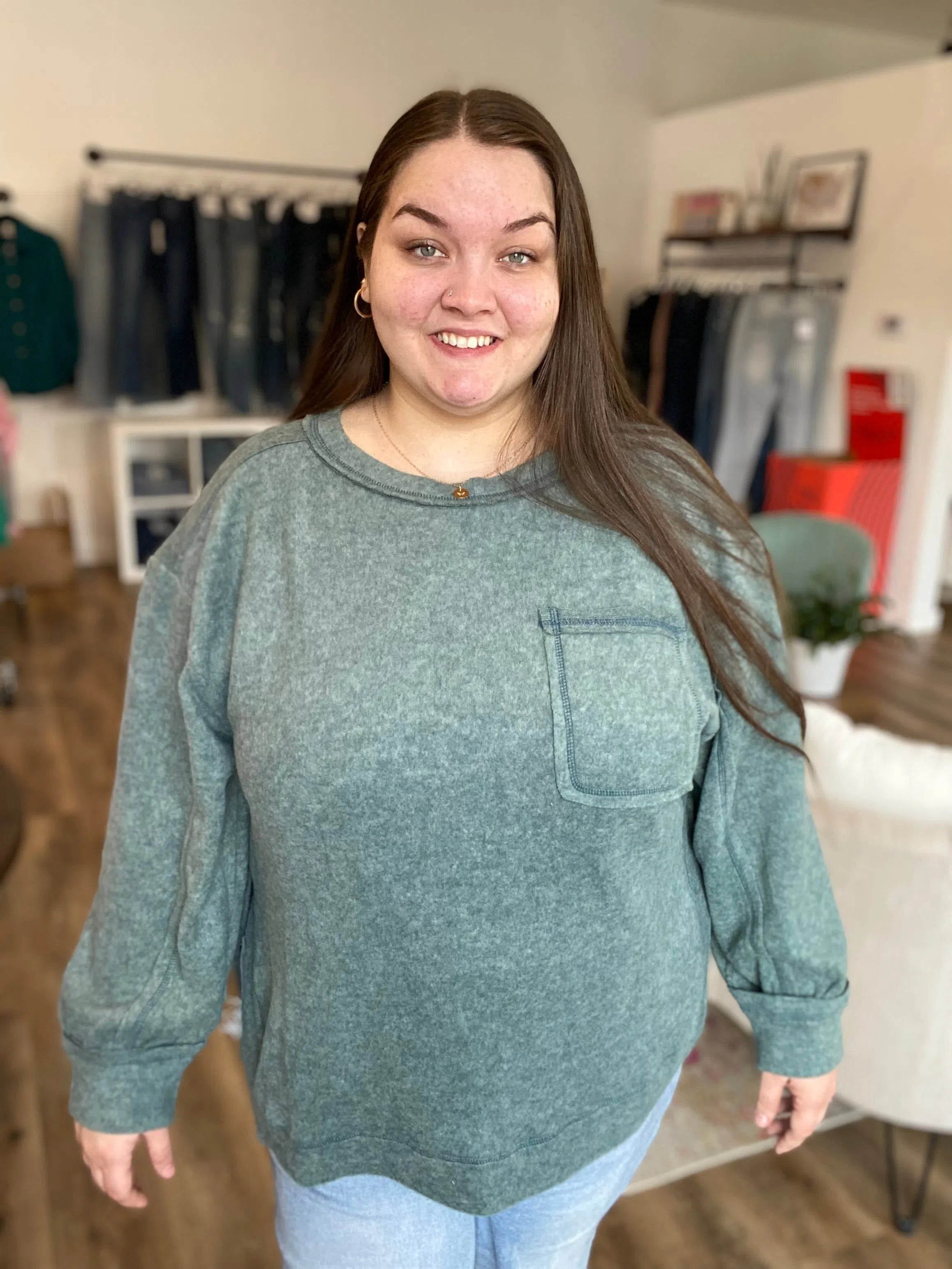 Shop Brushed Hacci Pocket Sweater - Ash Jade- at Ruby Joy Boutique, a Women's Clothing Store in Pickerington, Ohio