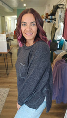Shop Brushed Hacci Pocket Sweater - Charcoal- at Ruby Joy Boutique, a Women's Clothing Store in Pickerington, Ohio