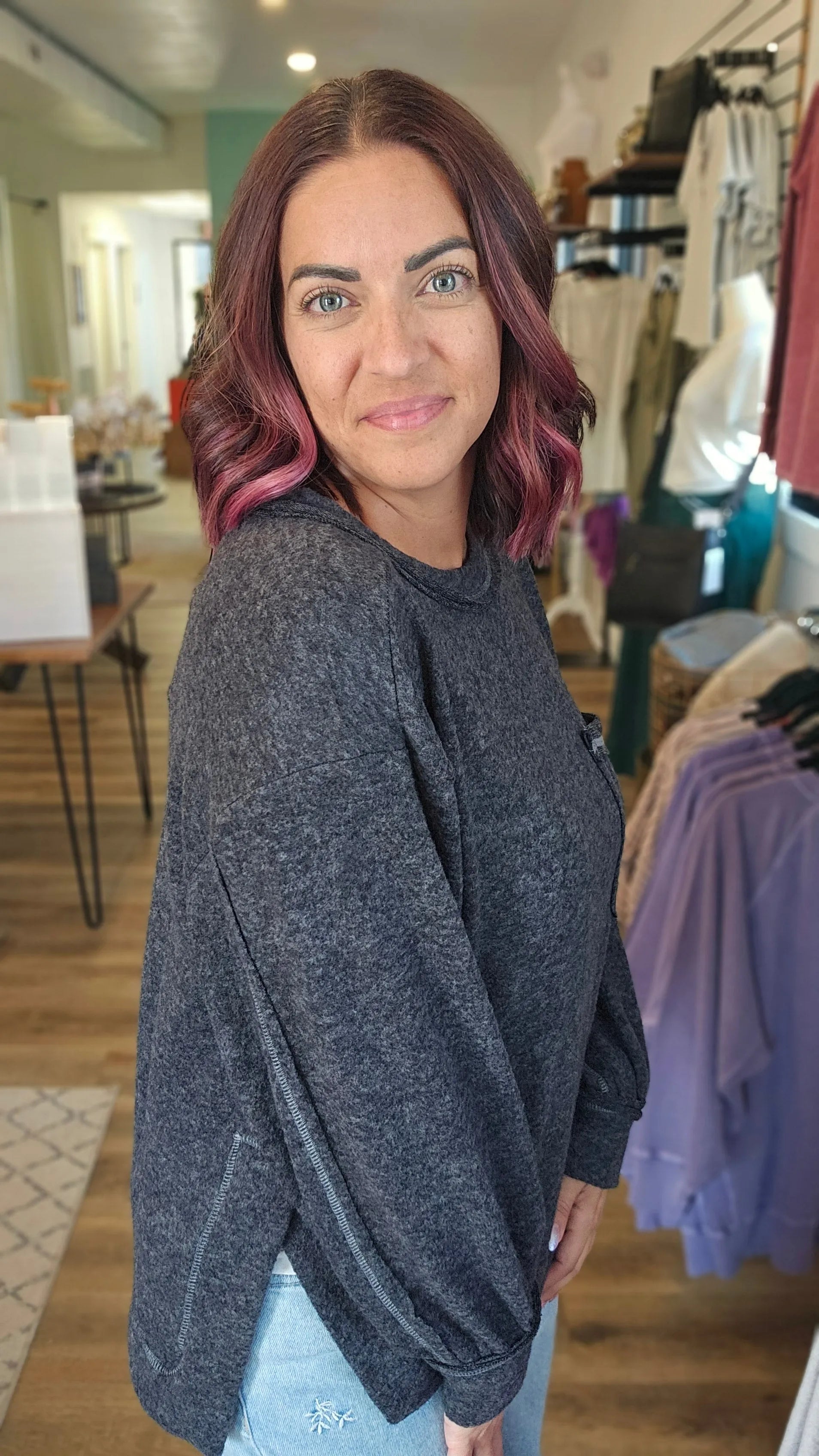 Shop Brushed Hacci Pocket Sweater - Charcoal- at Ruby Joy Boutique, a Women's Clothing Store in Pickerington, Ohio