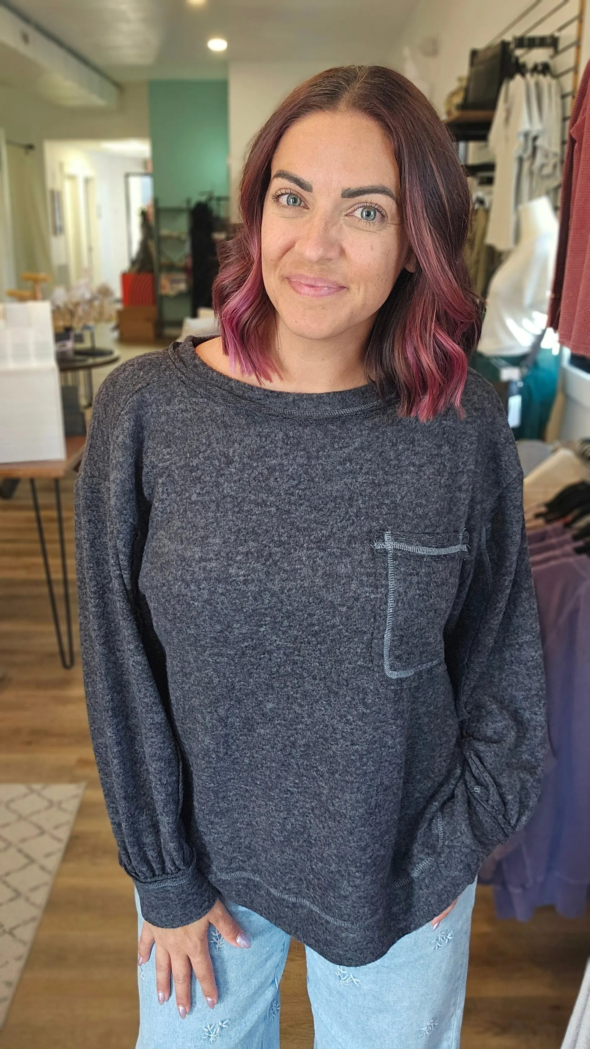 Shop Brushed Hacci Pocket Sweater - Charcoal- at Ruby Joy Boutique, a Women's Clothing Store in Pickerington, Ohio