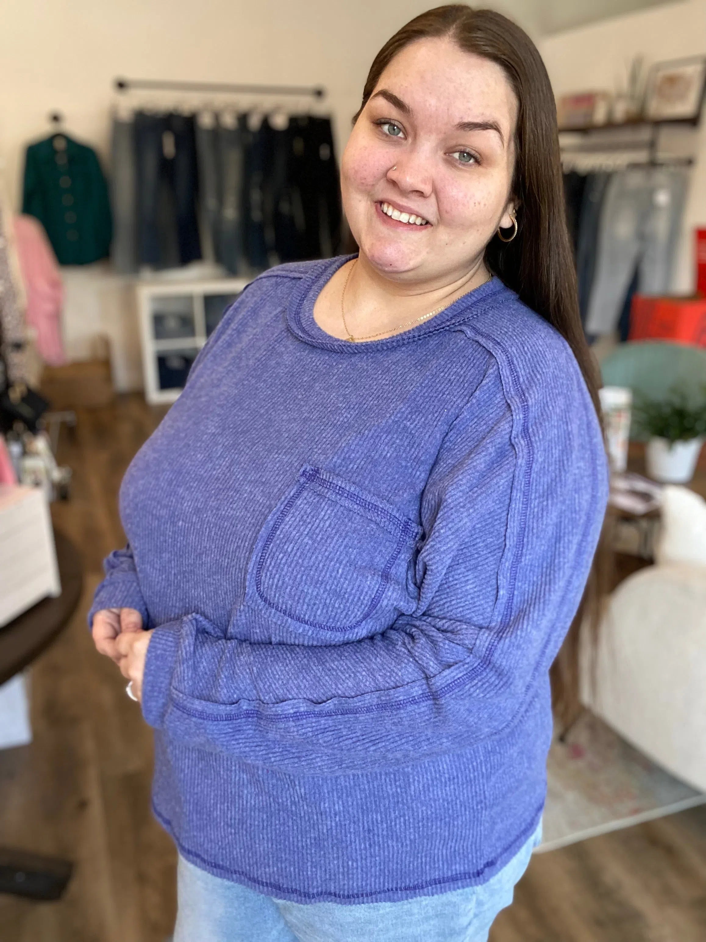 Shop Brushed Ribbed Pocket Shirt - Marlin Blue- at Ruby Joy Boutique, a Women's Clothing Store in Pickerington, Ohio