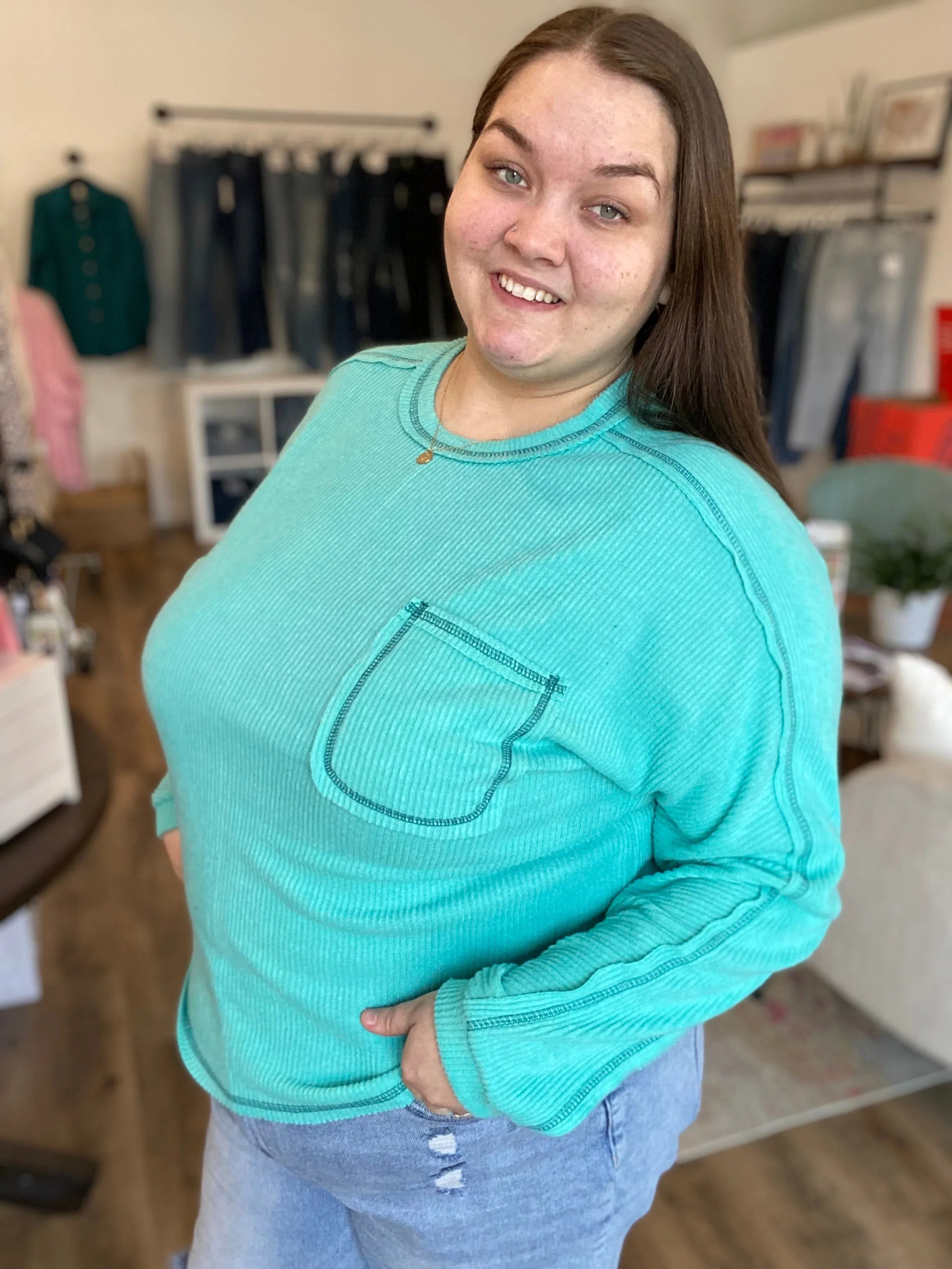 Shop Brushed Ribbed Pocket Shirt - Turquoise- at Ruby Joy Boutique, a Women's Clothing Store in Pickerington, Ohio