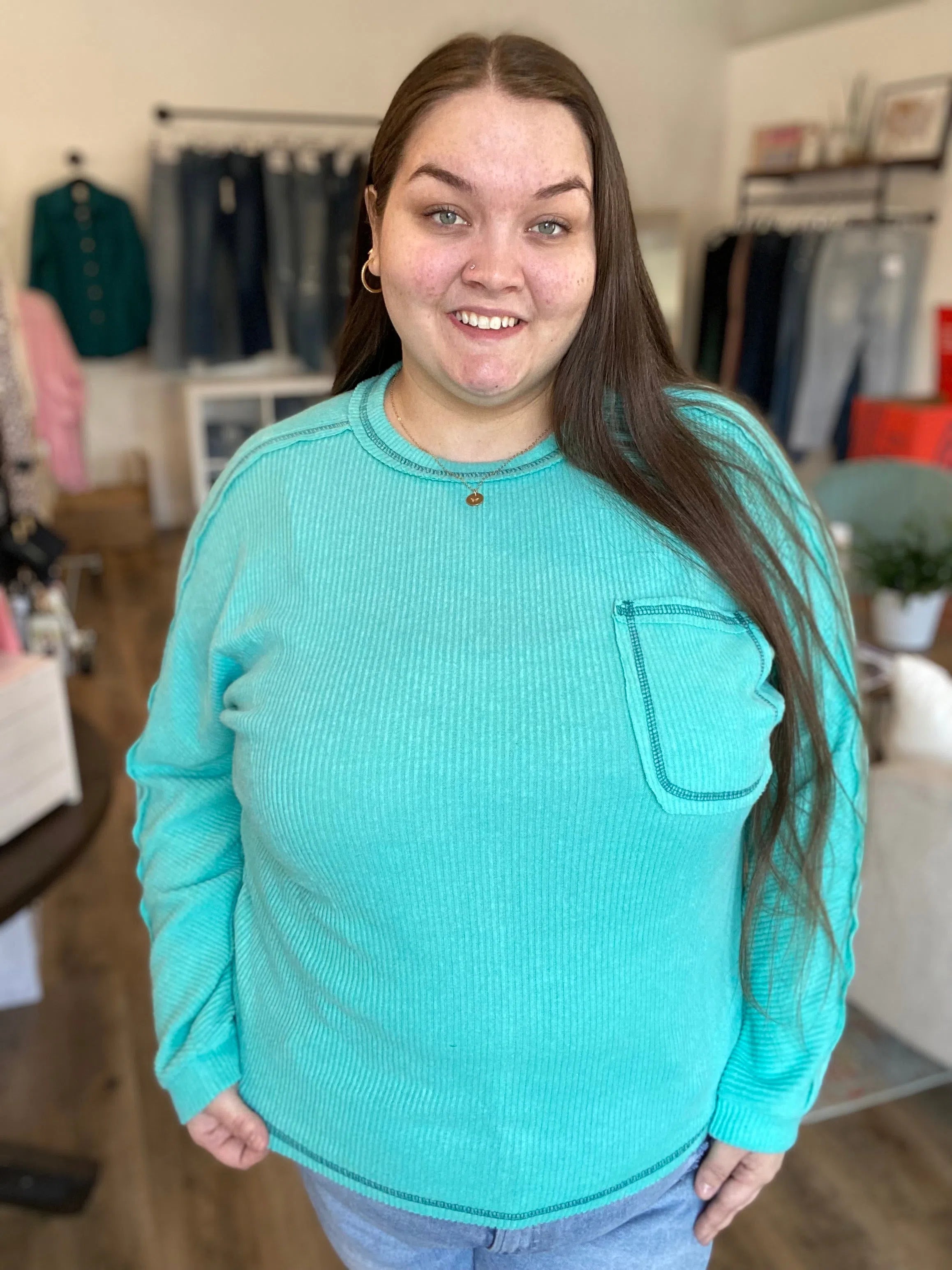 Shop Brushed Ribbed Pocket Shirt - Turquoise-1XL/2XL at Ruby Joy Boutique, a Women's Clothing Store in Pickerington, Ohio