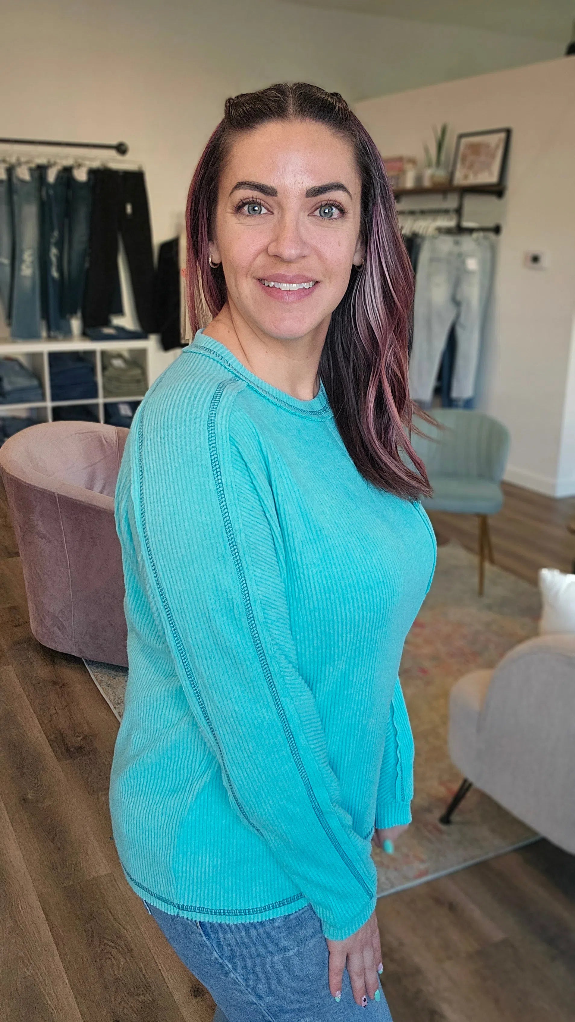 Shop Brushed Ribbed Pocket Shirt - Turquoise- at Ruby Joy Boutique, a Women's Clothing Store in Pickerington, Ohio