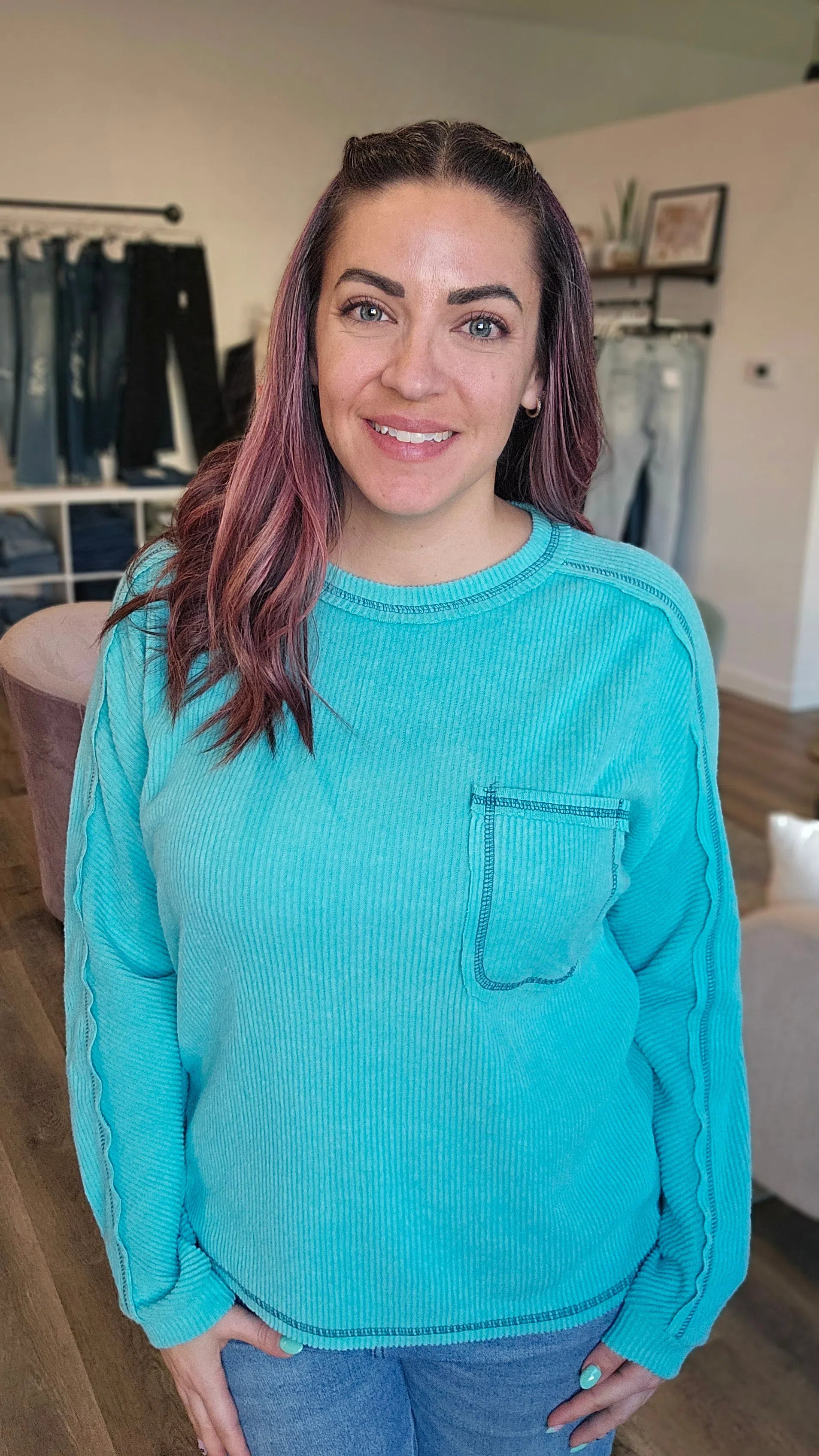 Shop Brushed Ribbed Pocket Shirt - Turquoise- at Ruby Joy Boutique, a Women's Clothing Store in Pickerington, Ohio