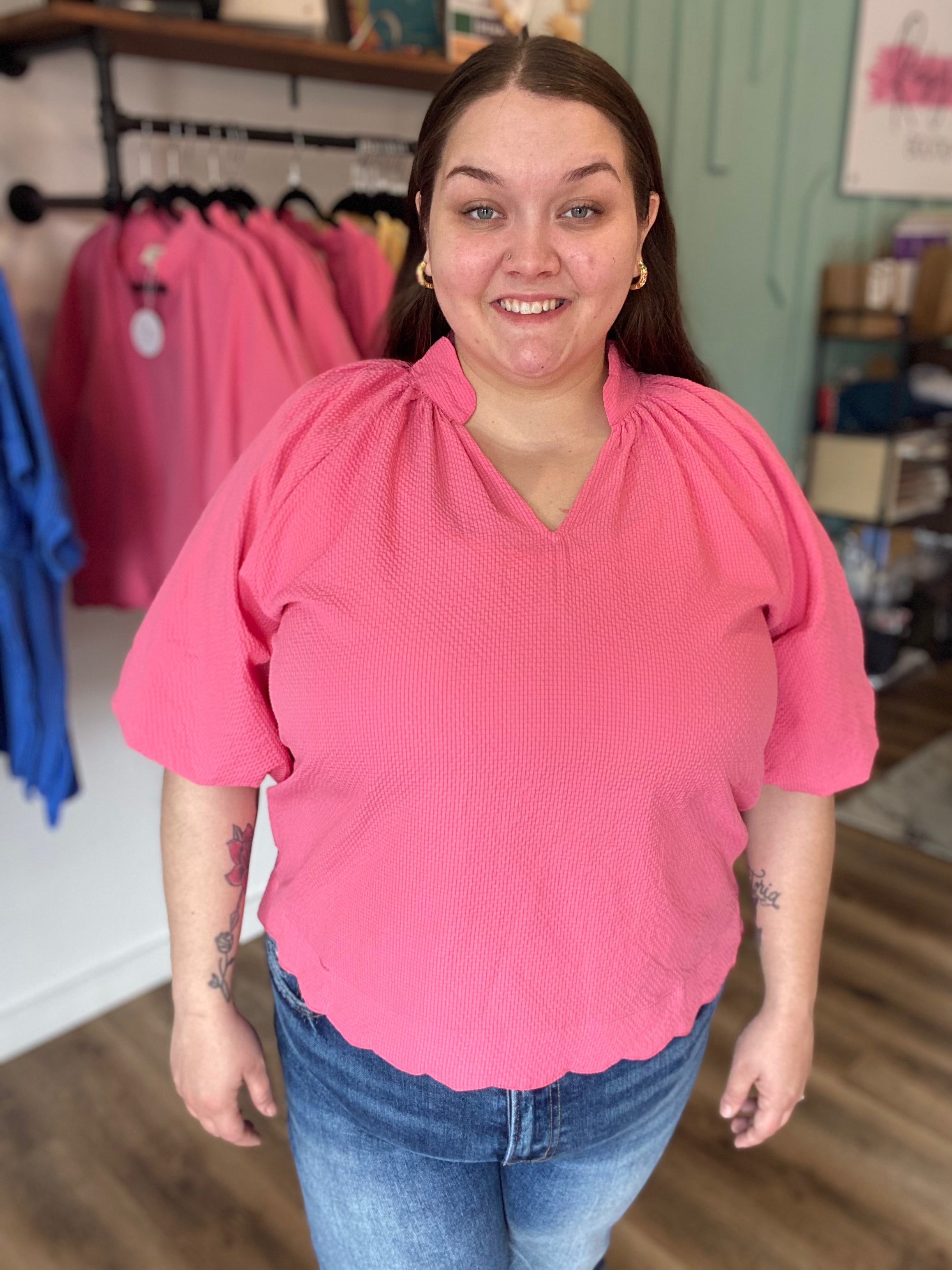 Shop Bubble Sleeved Scalloped Hem Top - Peony- at Ruby Joy Boutique, a Women's Clothing Store in Pickerington, Ohio