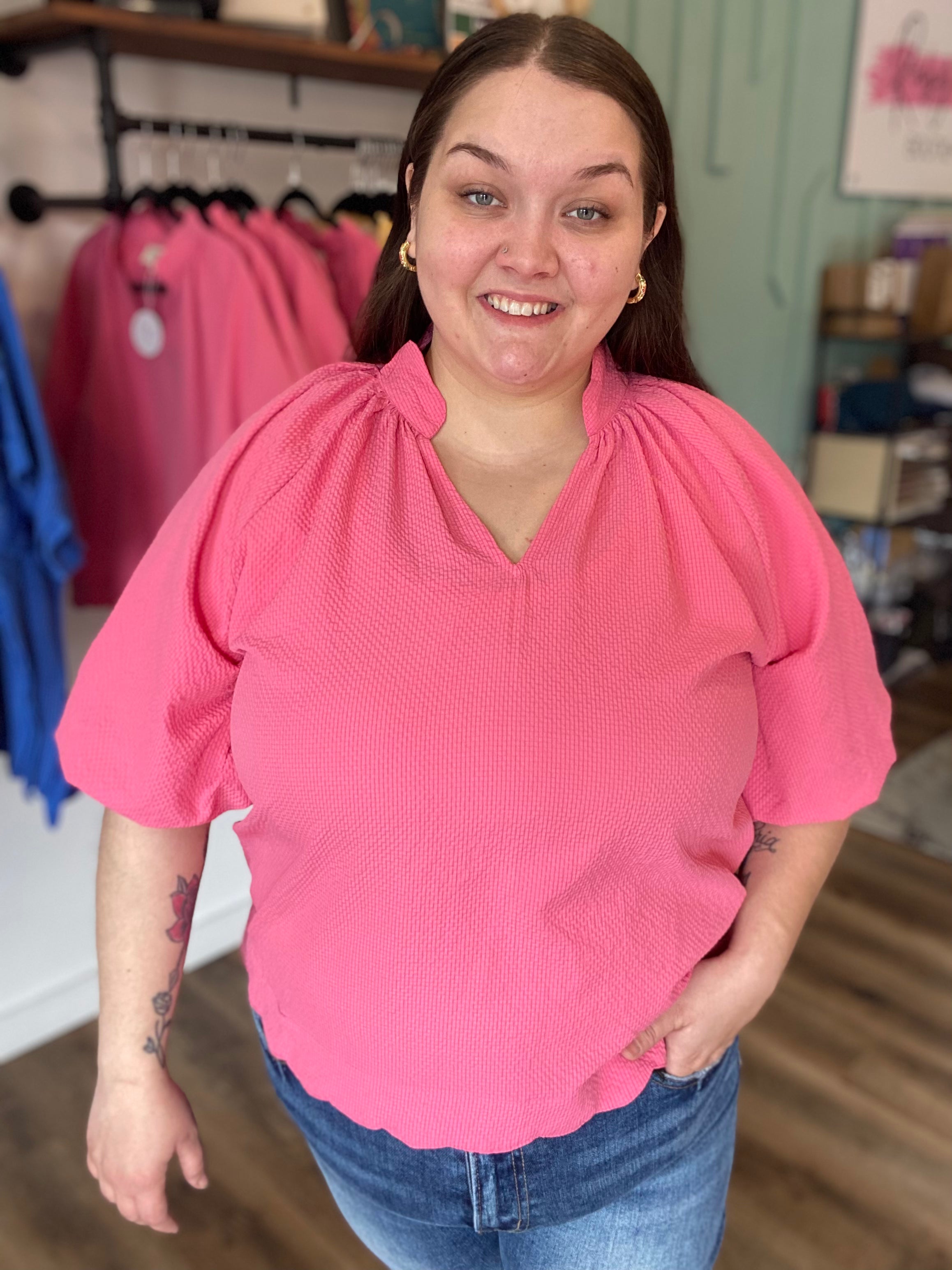 Shop Bubble Sleeved Scalloped Hem Top - Peony- at Ruby Joy Boutique, a Women's Clothing Store in Pickerington, Ohio